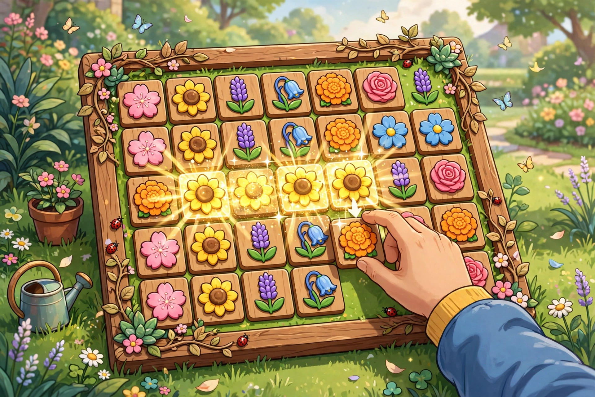 Blossom Blast game gameplay with colorful flower tiles on a garden board