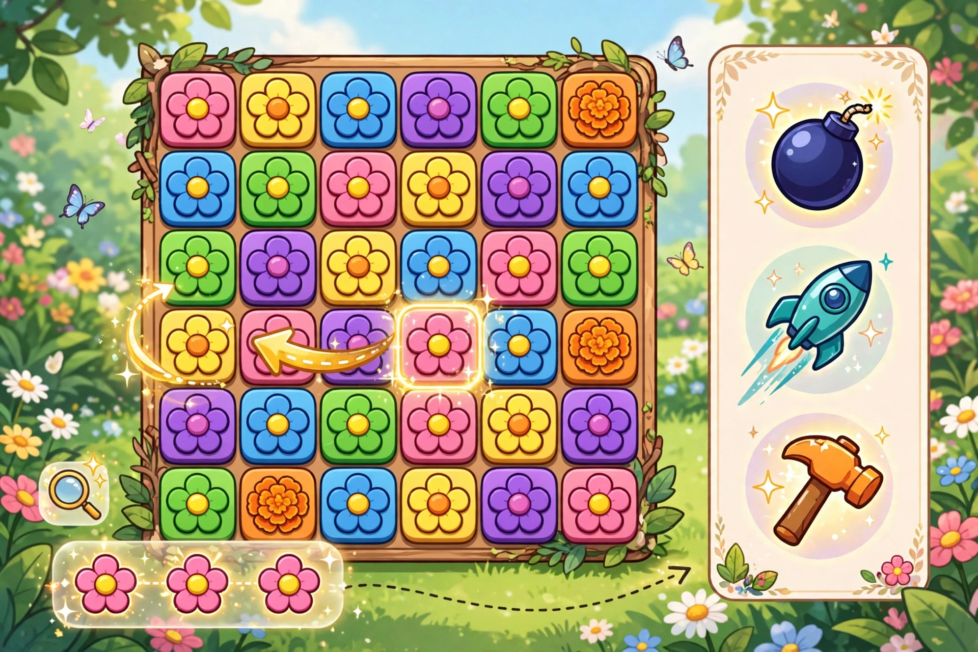 Blossom Blast game tips showing a smart matching move on a flower board