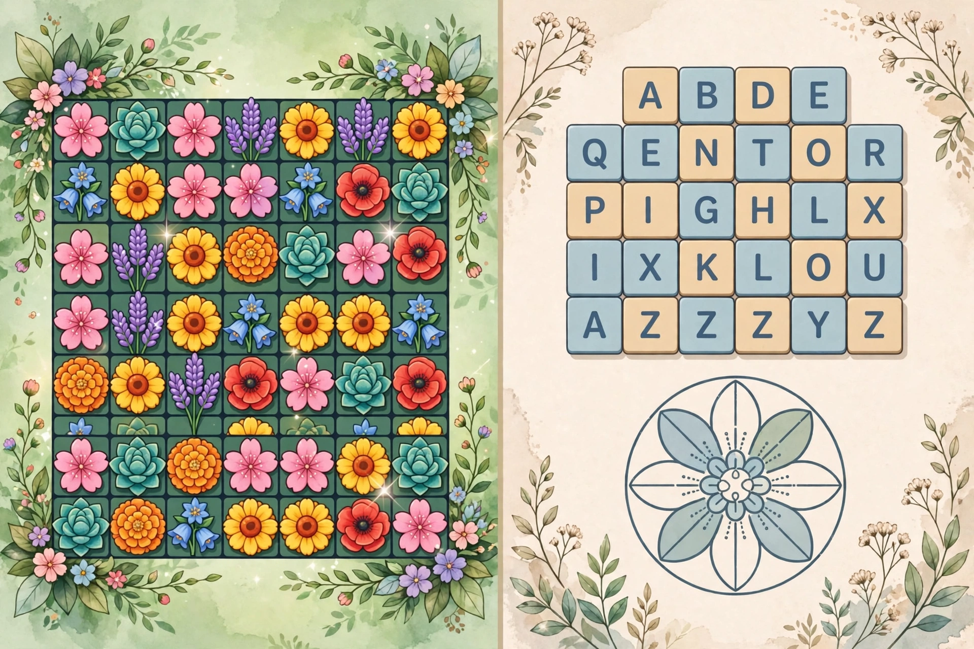 Blossom Blast game compared with the Blossom word game side by side
