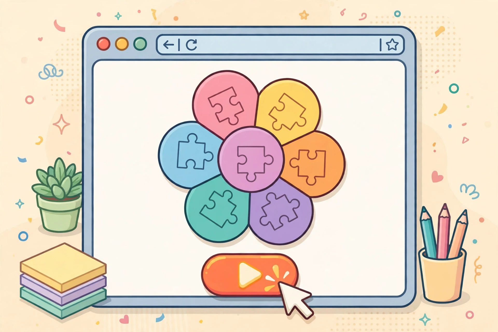 Browser window showing a flower letter puzzle with a play button