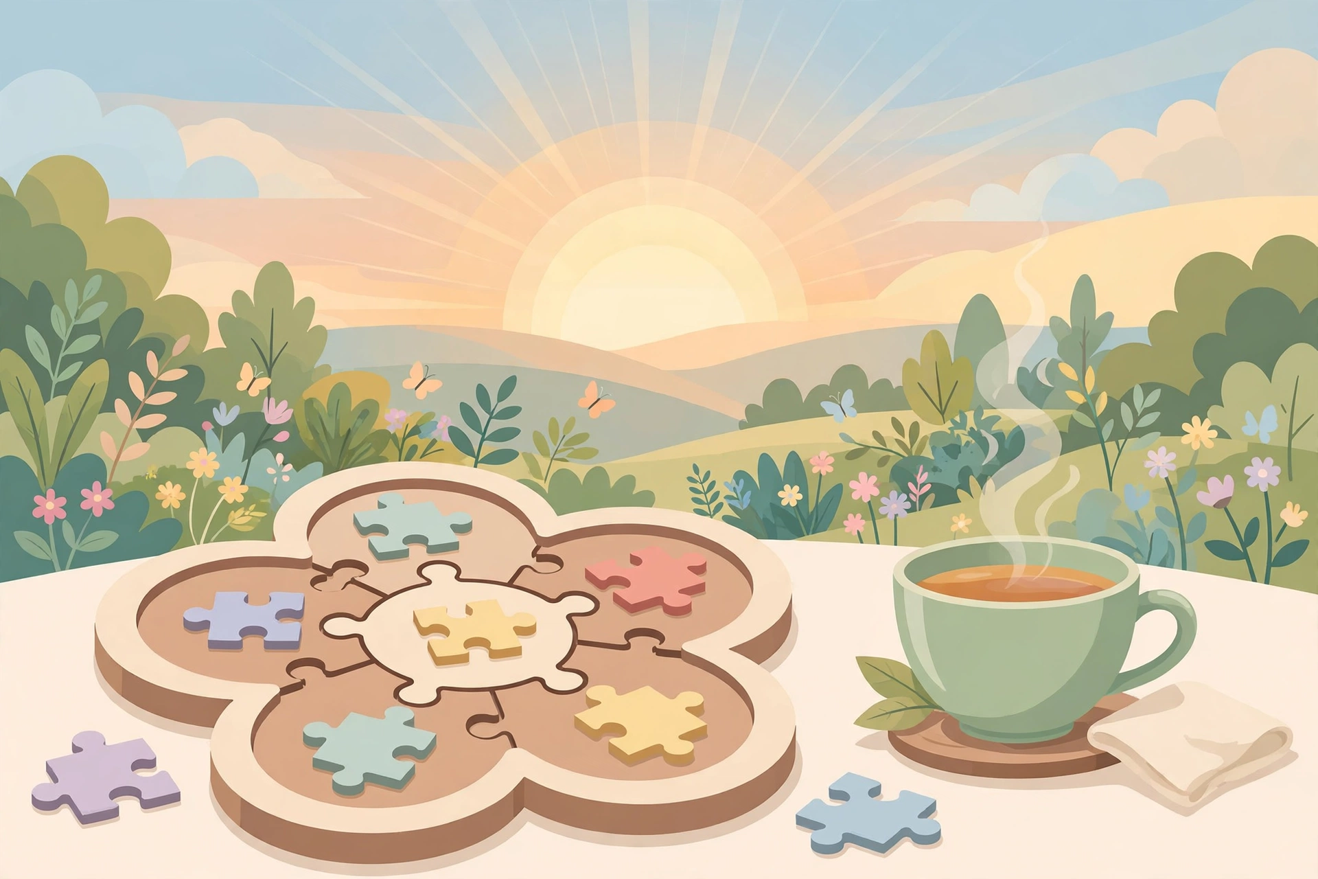 Sunrise over a garden with a flower puzzle board and a cup of tea