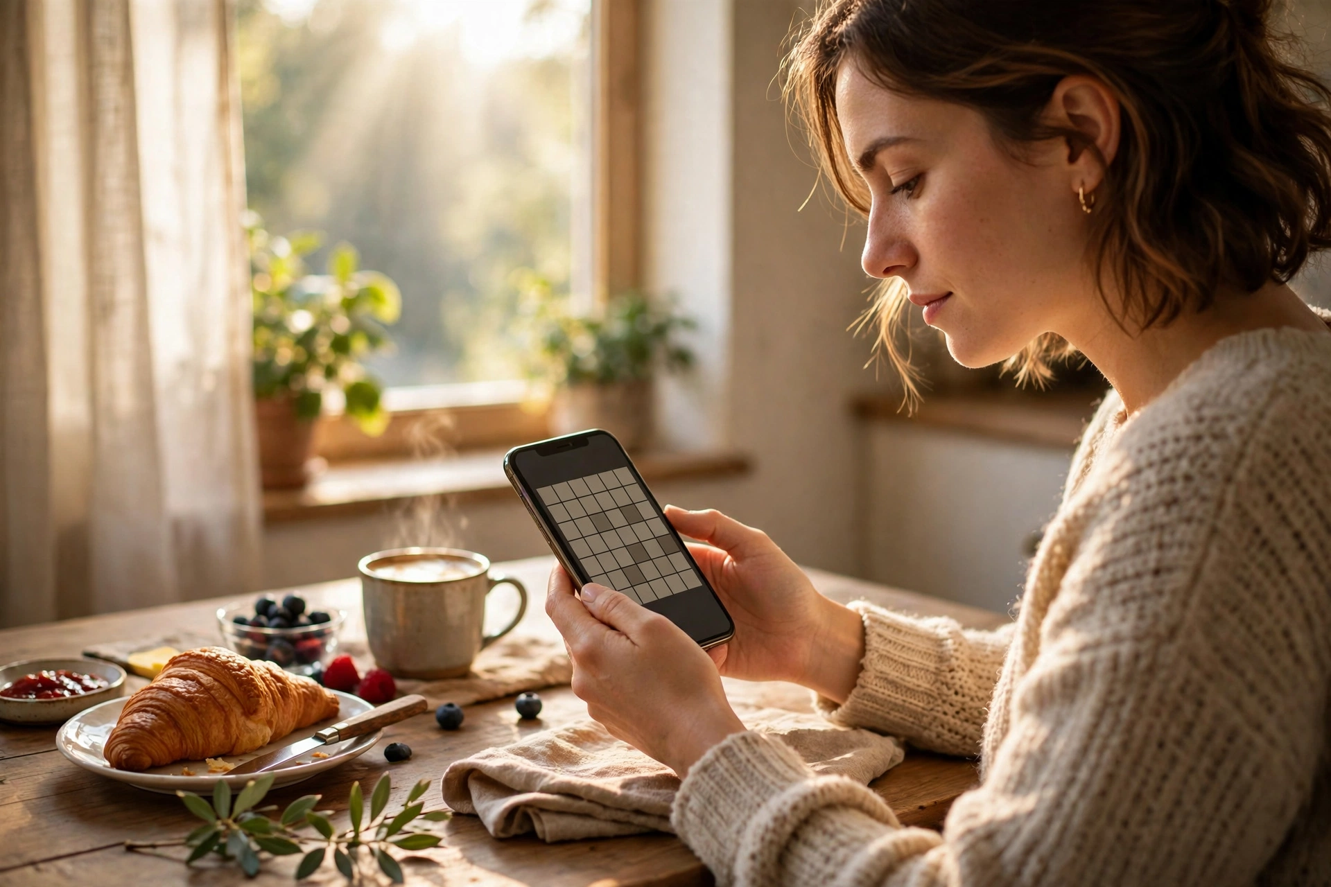 Player solving the daily Blossom flower puzzle with morning coffee