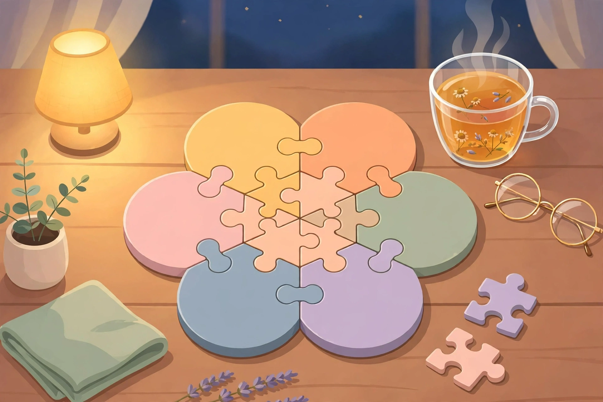 Cozy evening lamp light over a flower puzzle board with a cup of tea