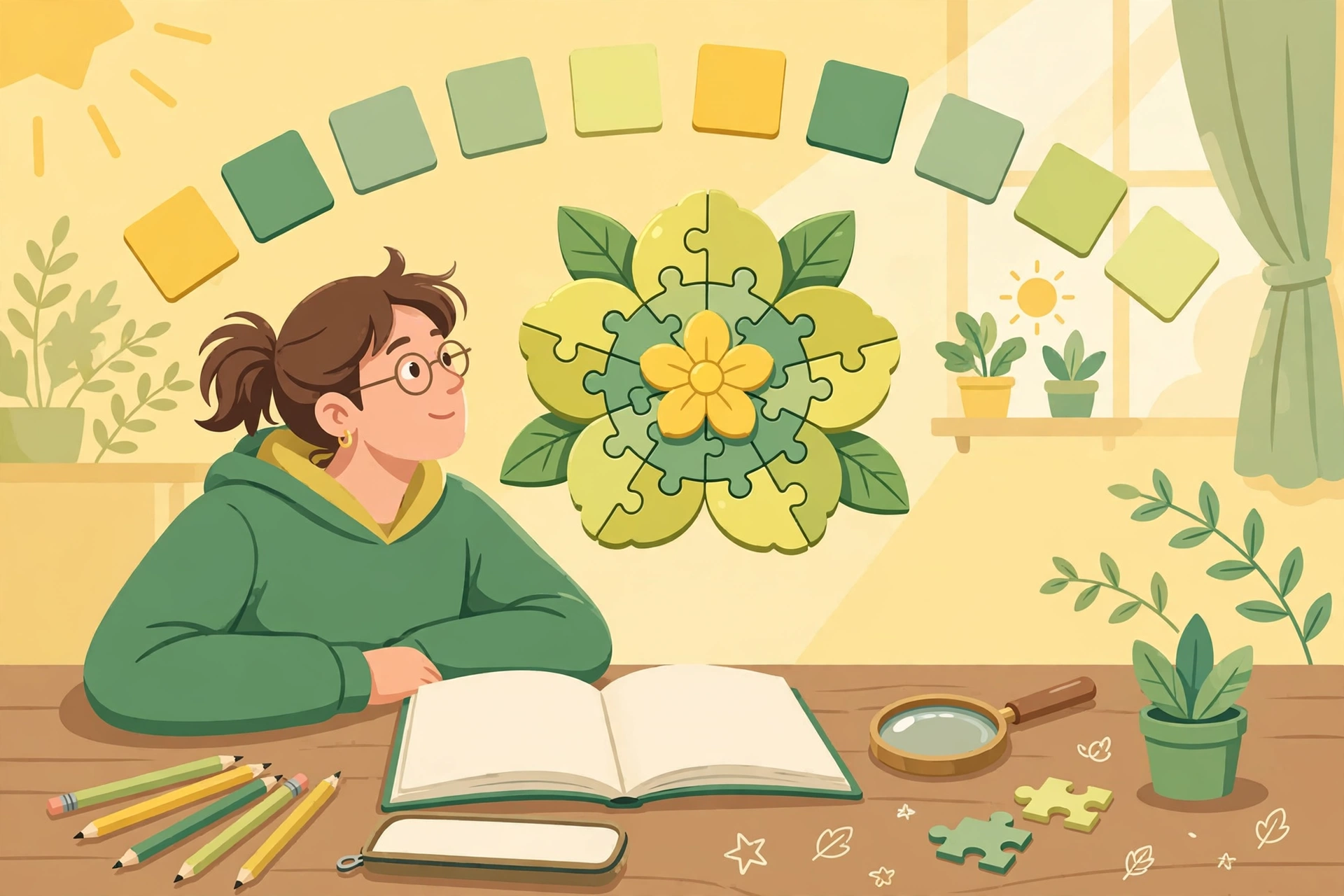 Adult practicing brain training with a flower letter word puzzle