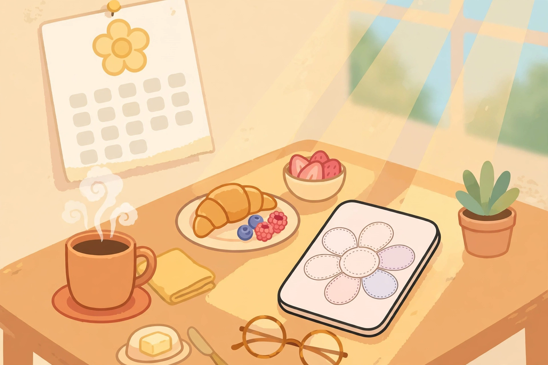 Playing a daily flower word puzzle with morning coffee
