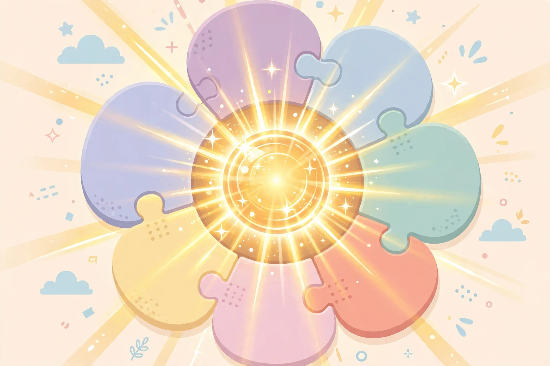 The glowing center letter of a flower word puzzle