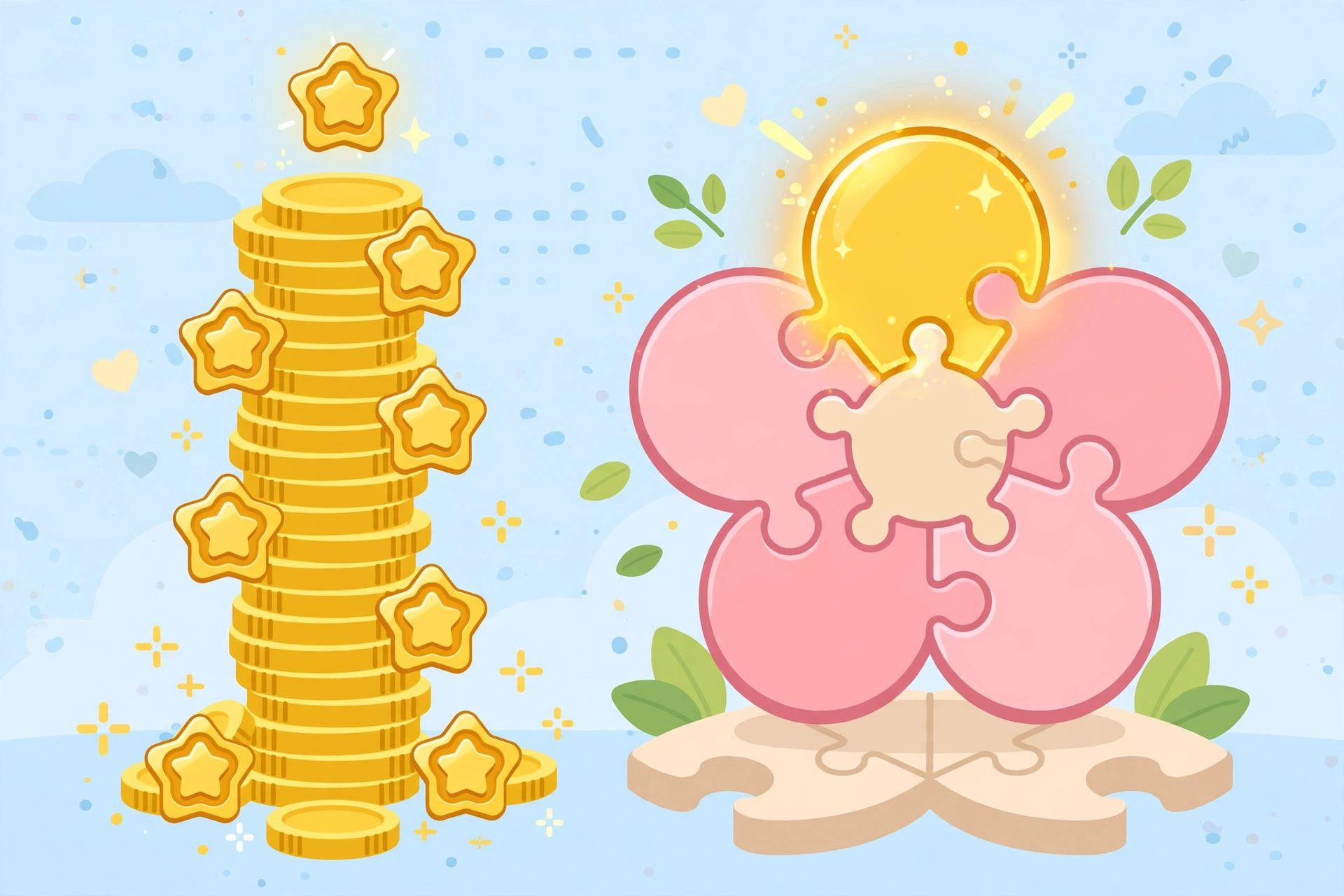 Stacking extra points and coins in a flower letter puzzle