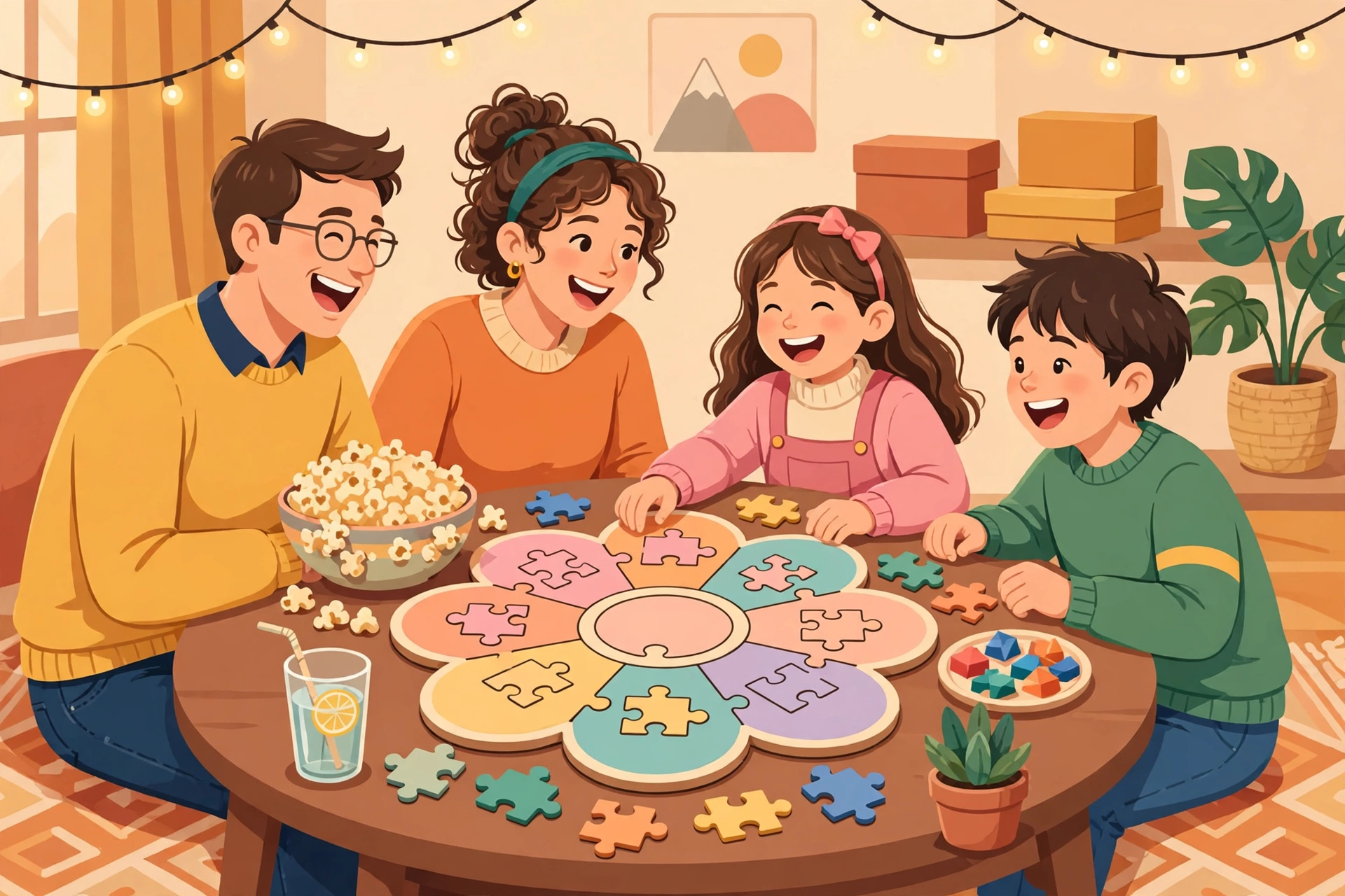 Family game night with a flower letter puzzle board