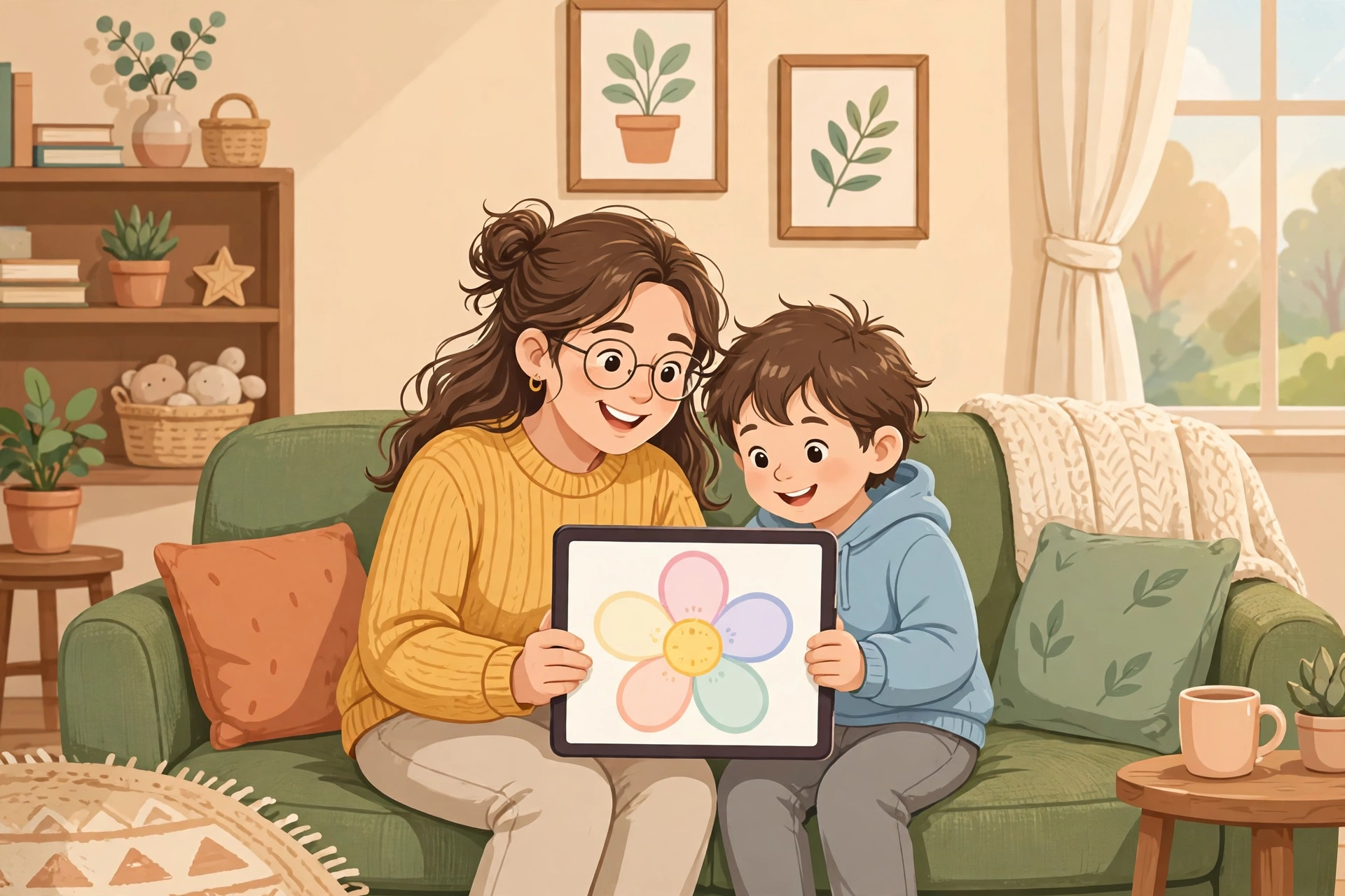 Parent and child playing a flower word game safely together