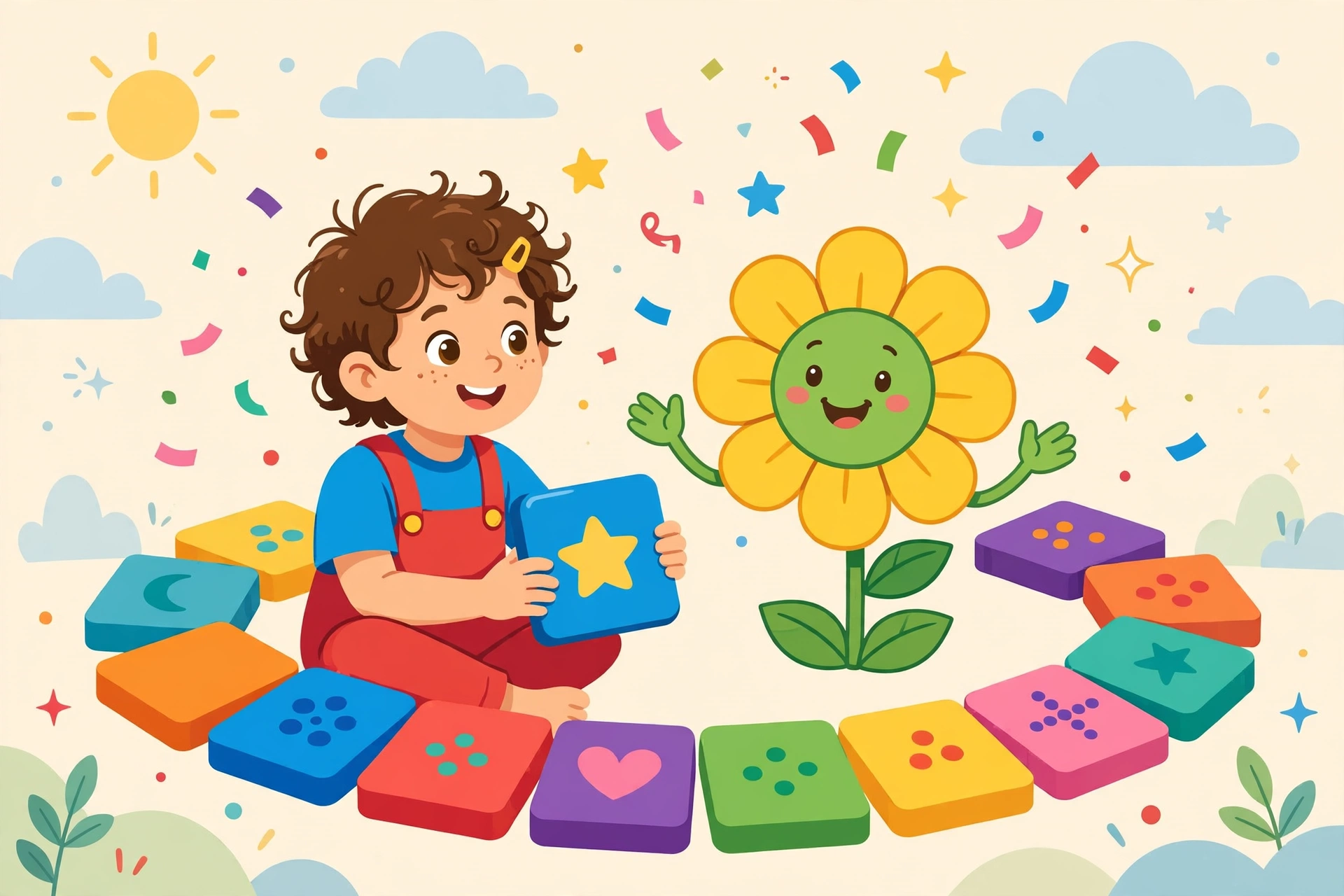 Child practicing spelling with colorful flower letter tiles