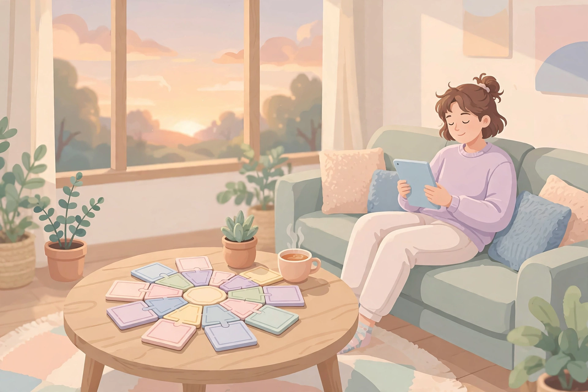 Relaxing with a calming flower word puzzle game at home