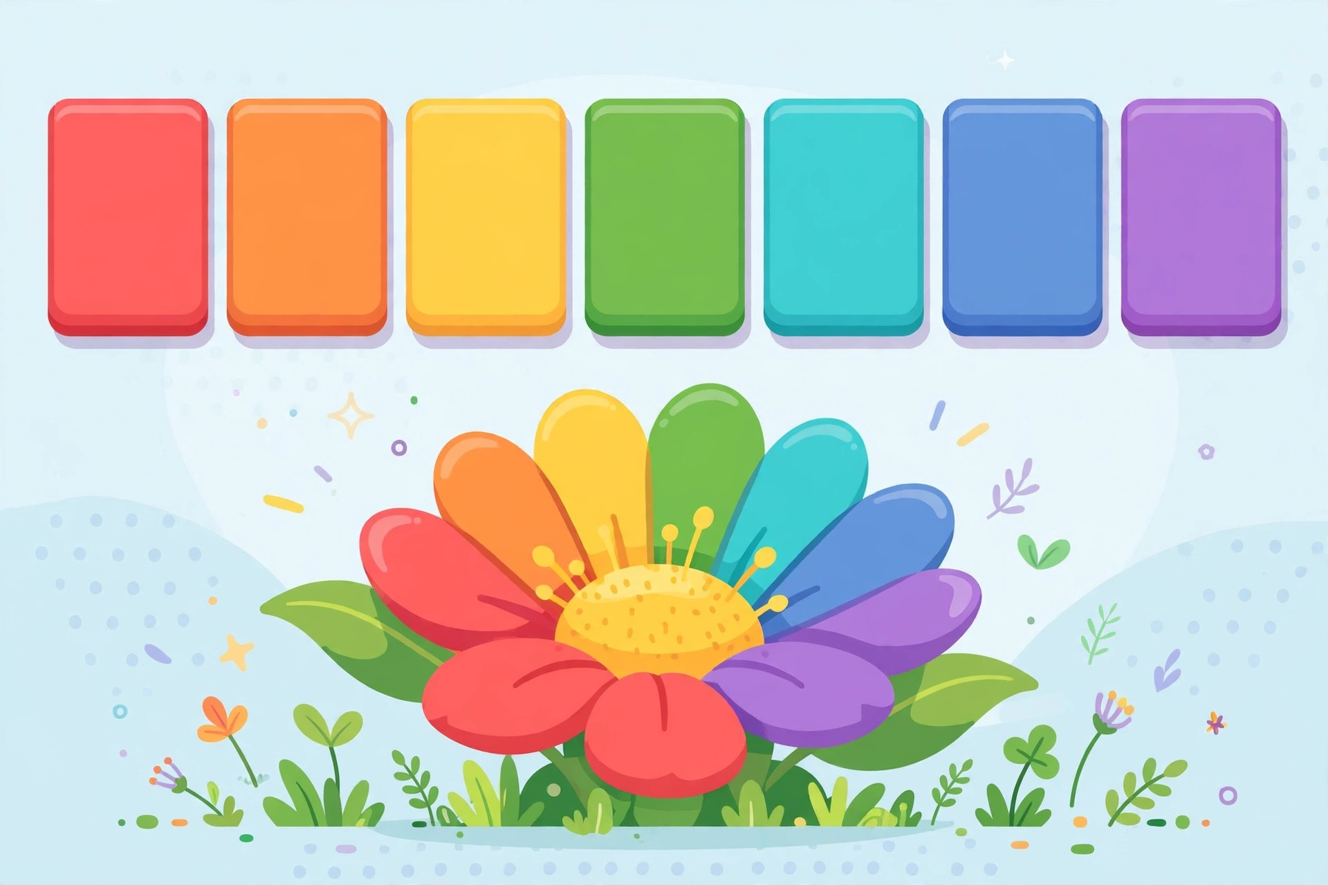 Seven colorful letter tiles above a blooming flower