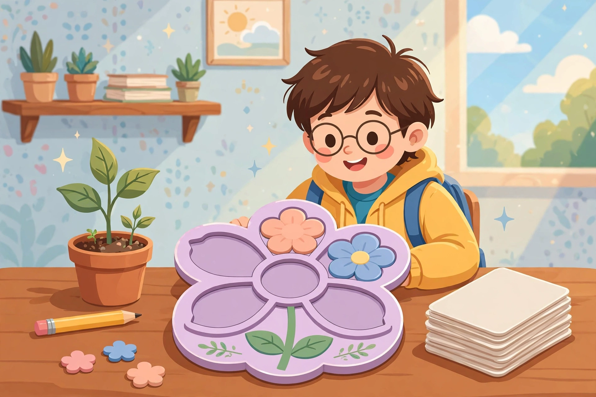Daily vocabulary practice with a flower letter puzzle