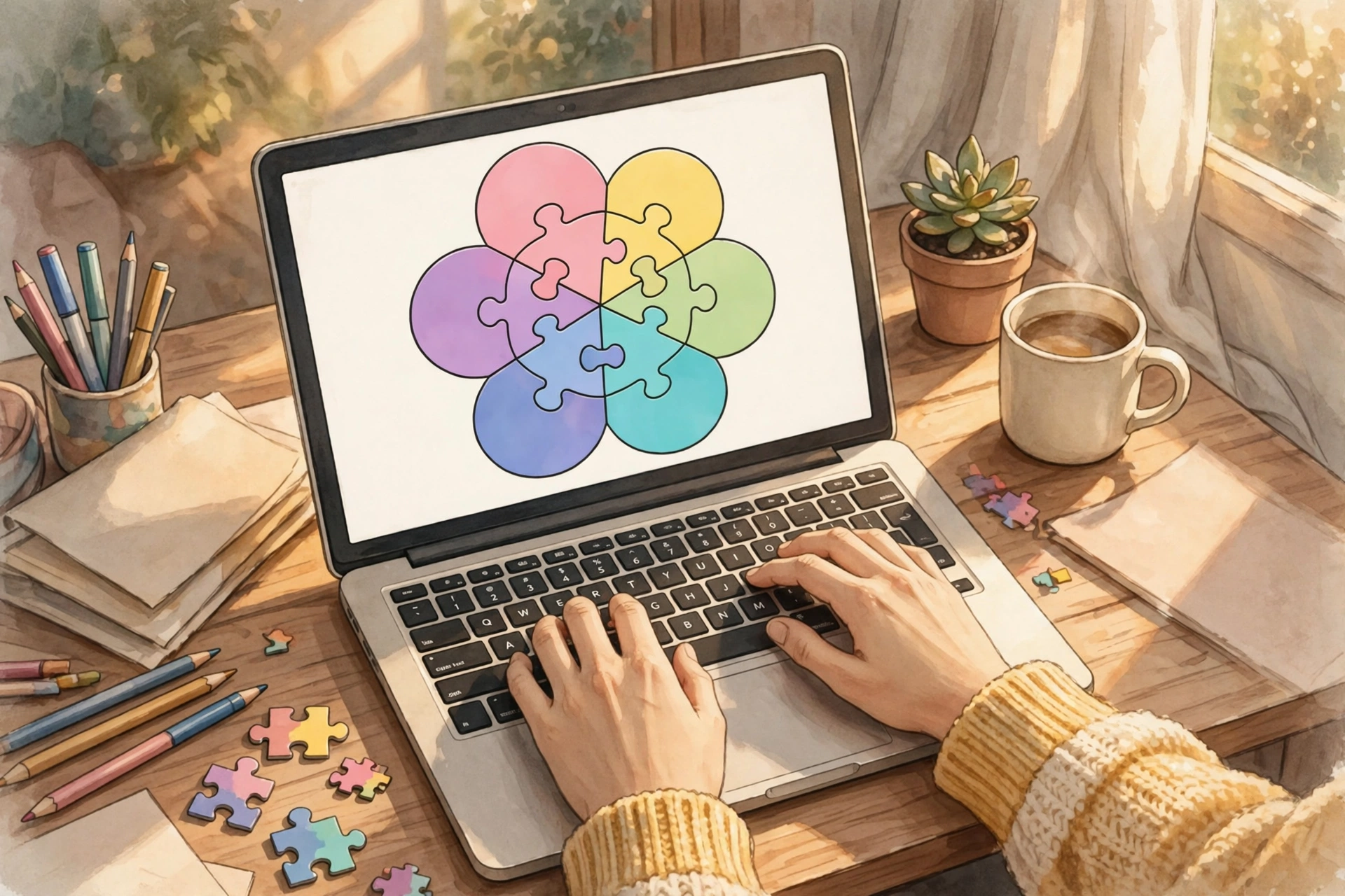 Person playing a flower word puzzle game on a laptop at a desk