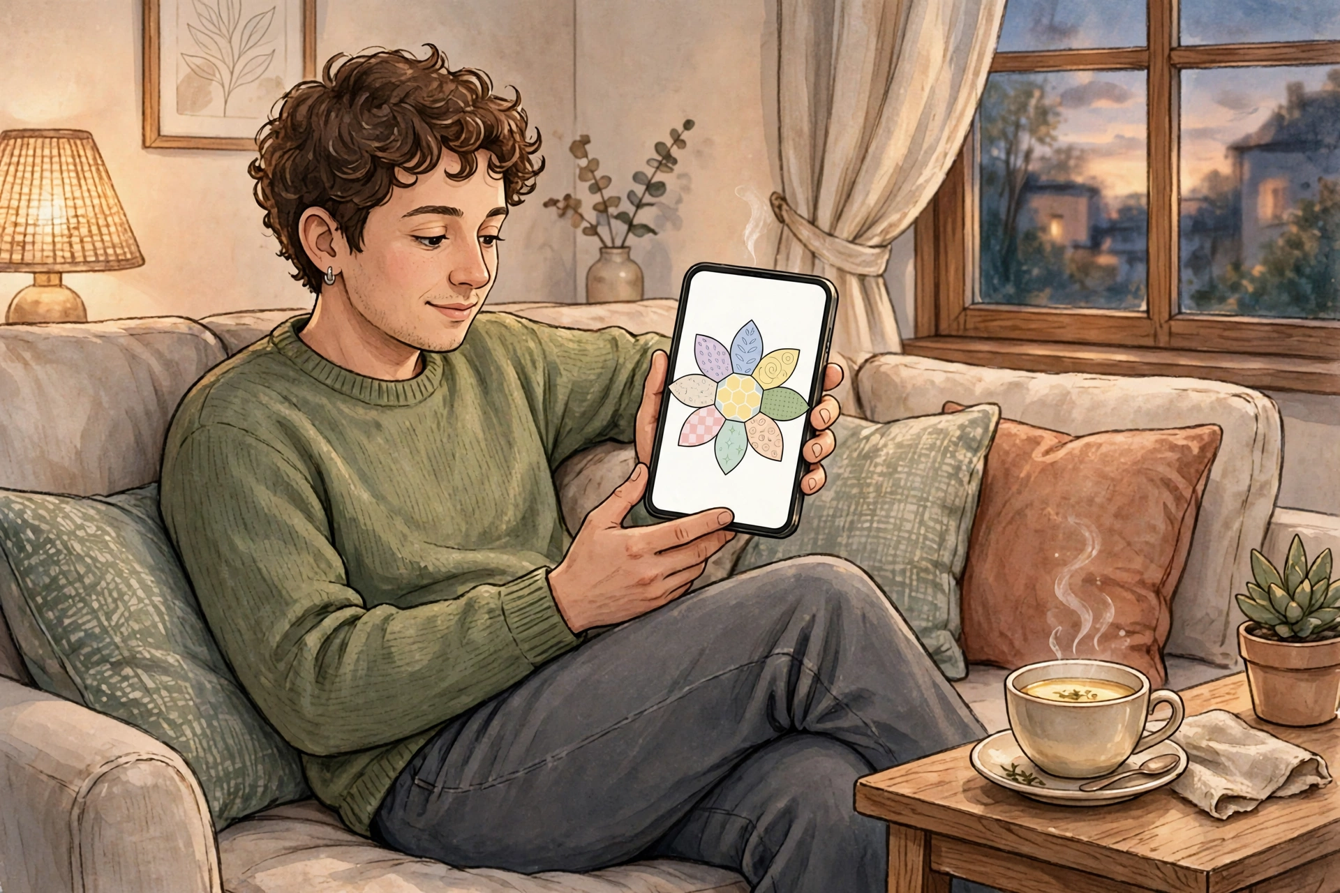 Person playing a flower word puzzle on a smartphone while relaxing