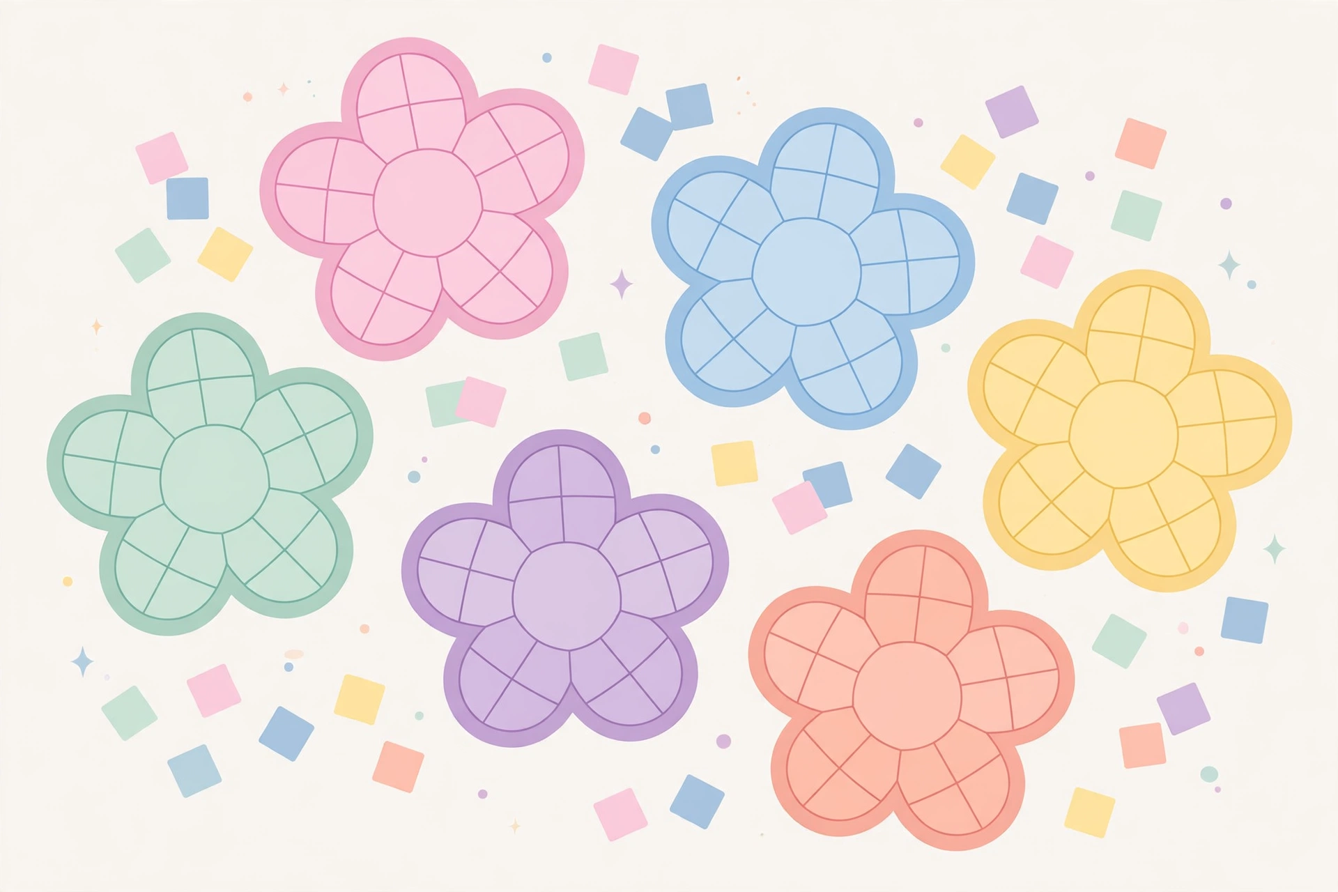 Several flower-shaped word puzzle boards in soft pastel colors