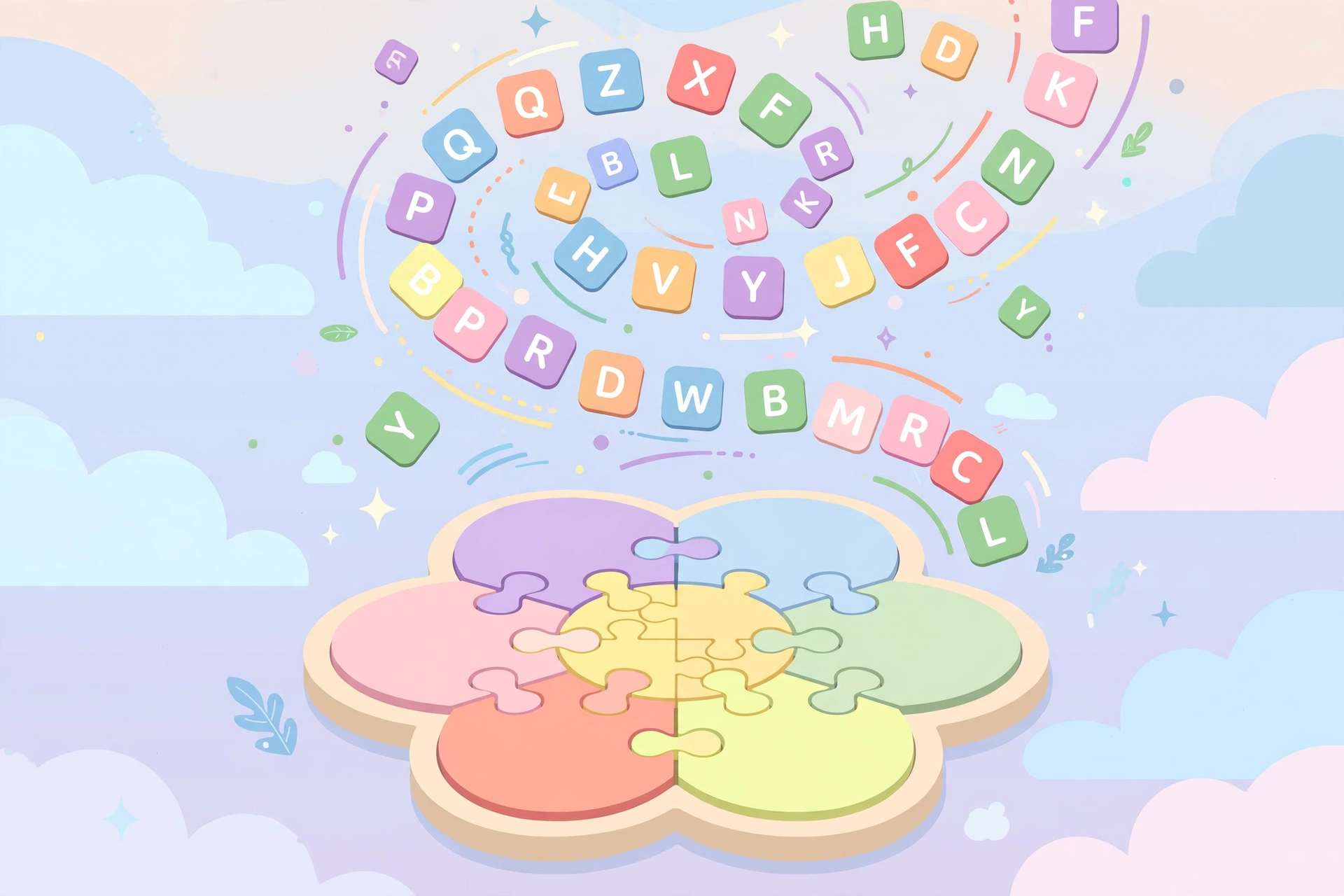Colorful letter tiles swirling in a spiral above a flower board