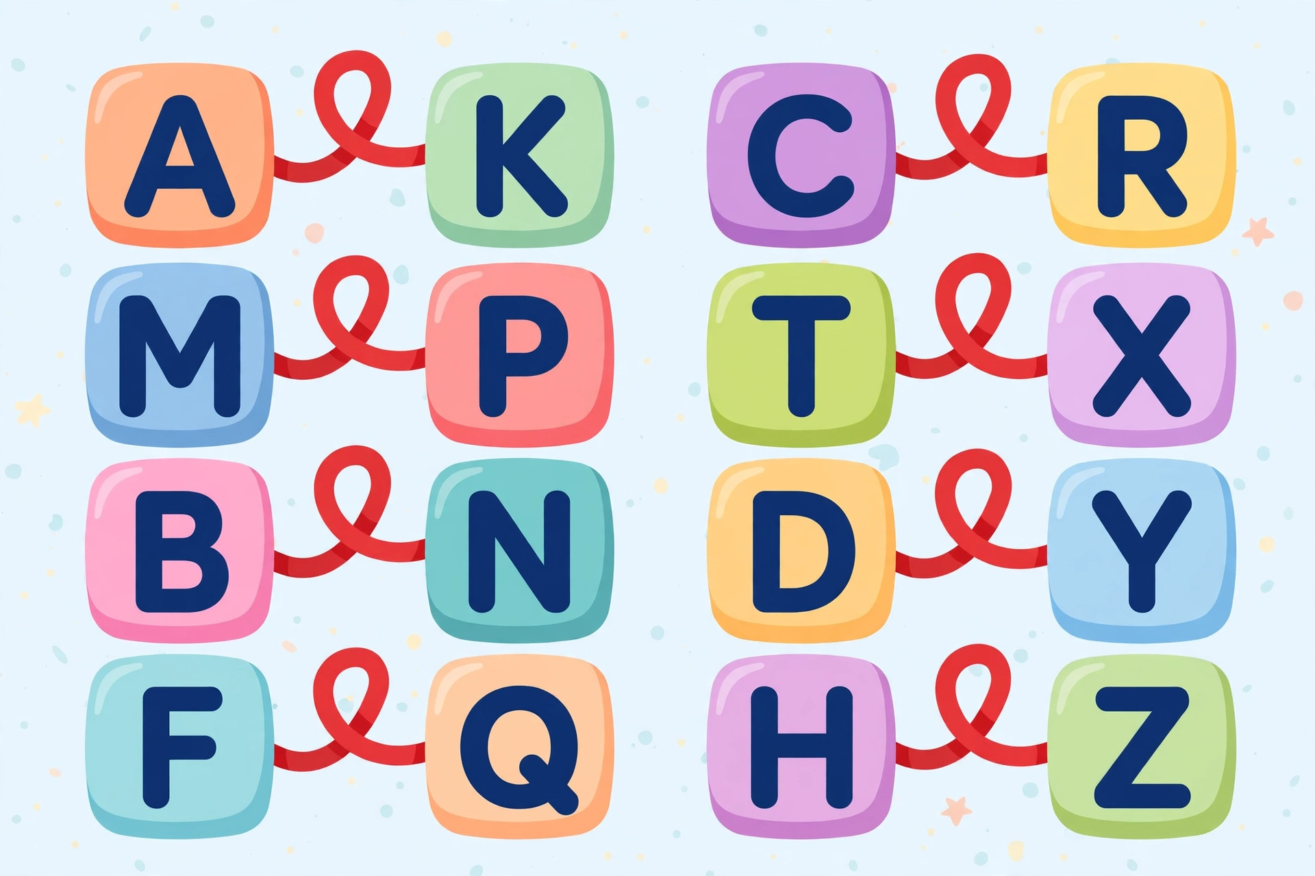 Pairs of colorful letter tiles connected by ribbons