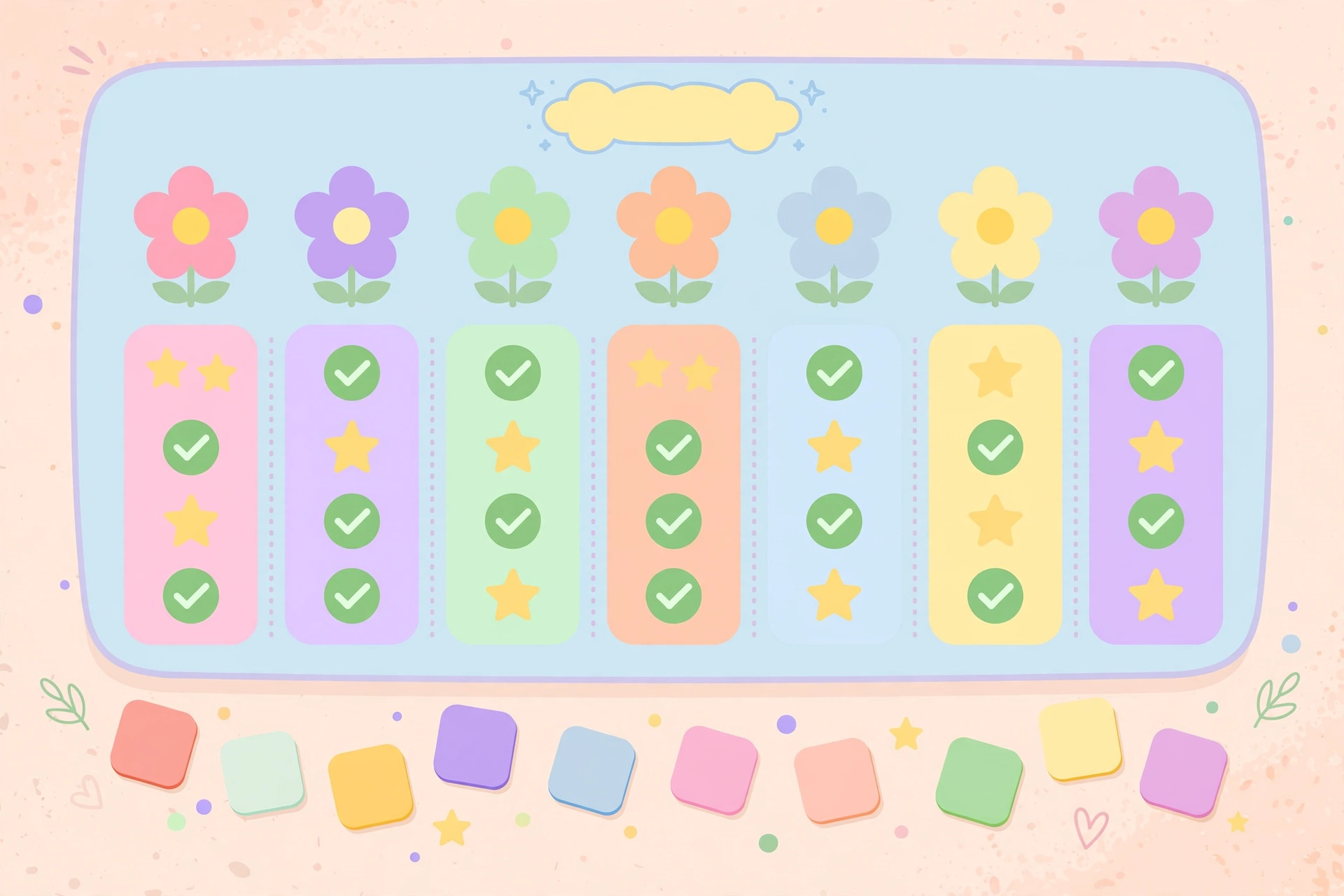 Weekly routine planner with flower icons, stars and checkmarks