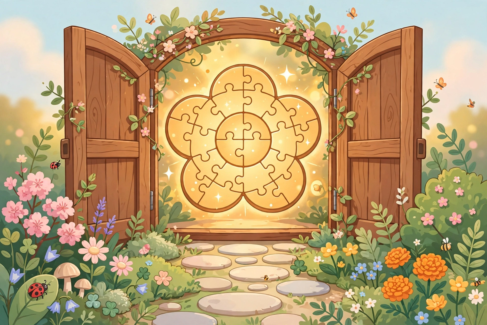 Open door with a glowing flower puzzle board, showing free entry with no download