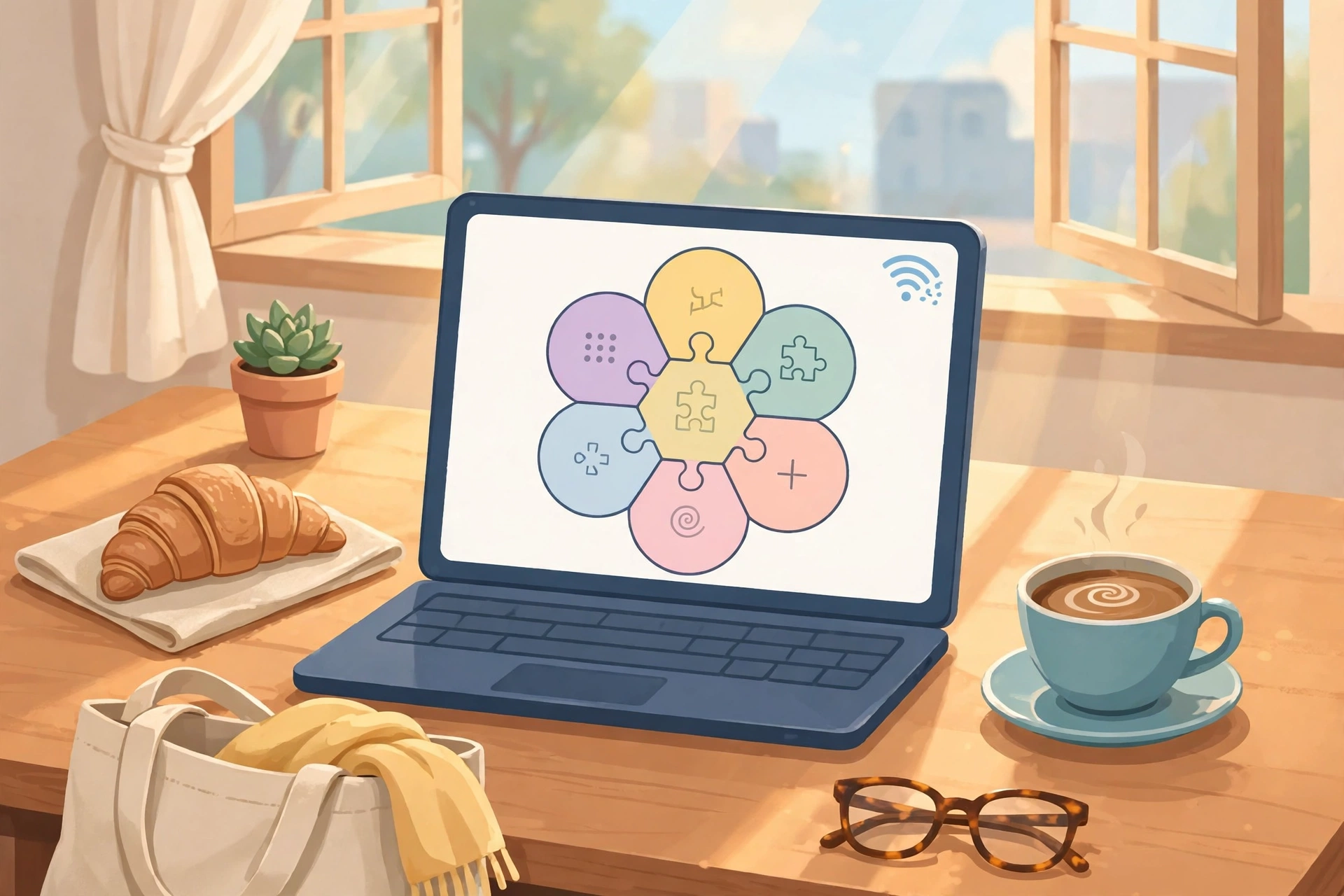 Laptop with a flower puzzle game on a coffee shop table