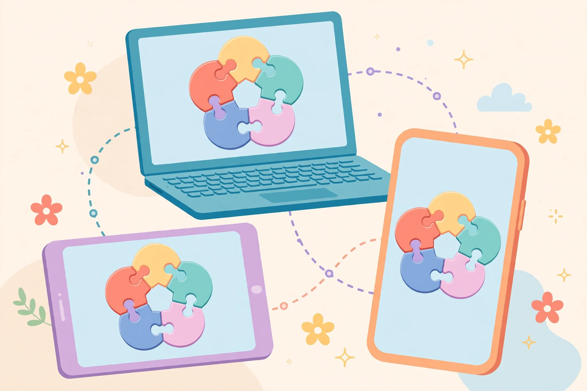 Phone, tablet and laptop all showing a flower puzzle game