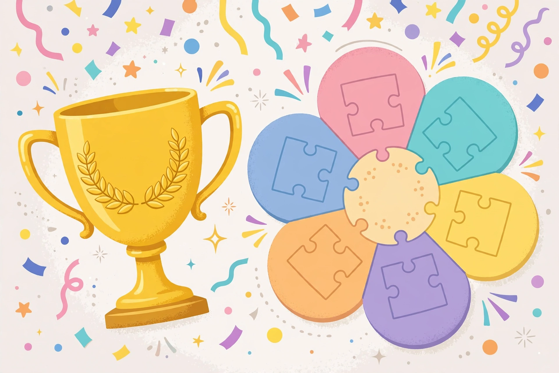 Golden trophy beside a flower puzzle board with confetti
