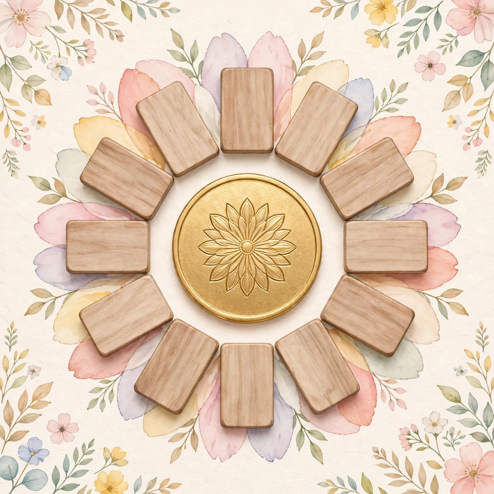 Letter tiles arranged in a blossom flower ring with a golden center tile