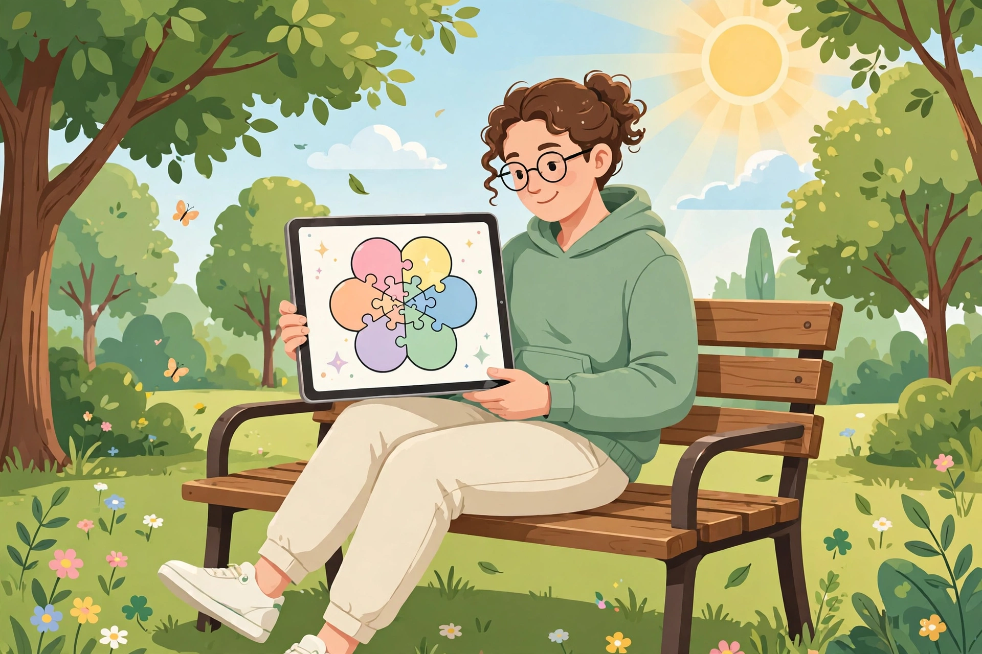 Person on a park bench playing a flower puzzle game on a tablet