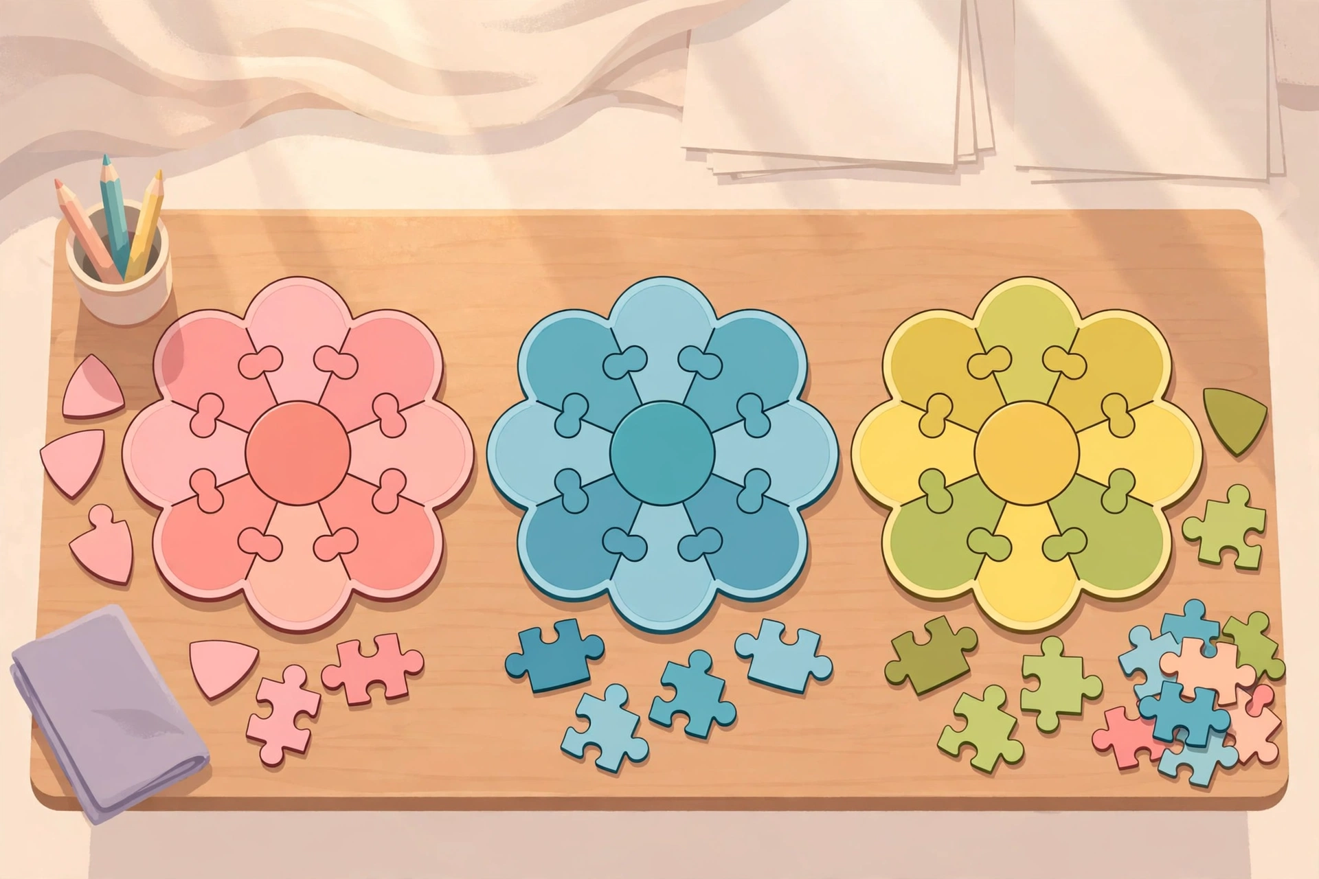 Three flower puzzle boards in a row for a practice session