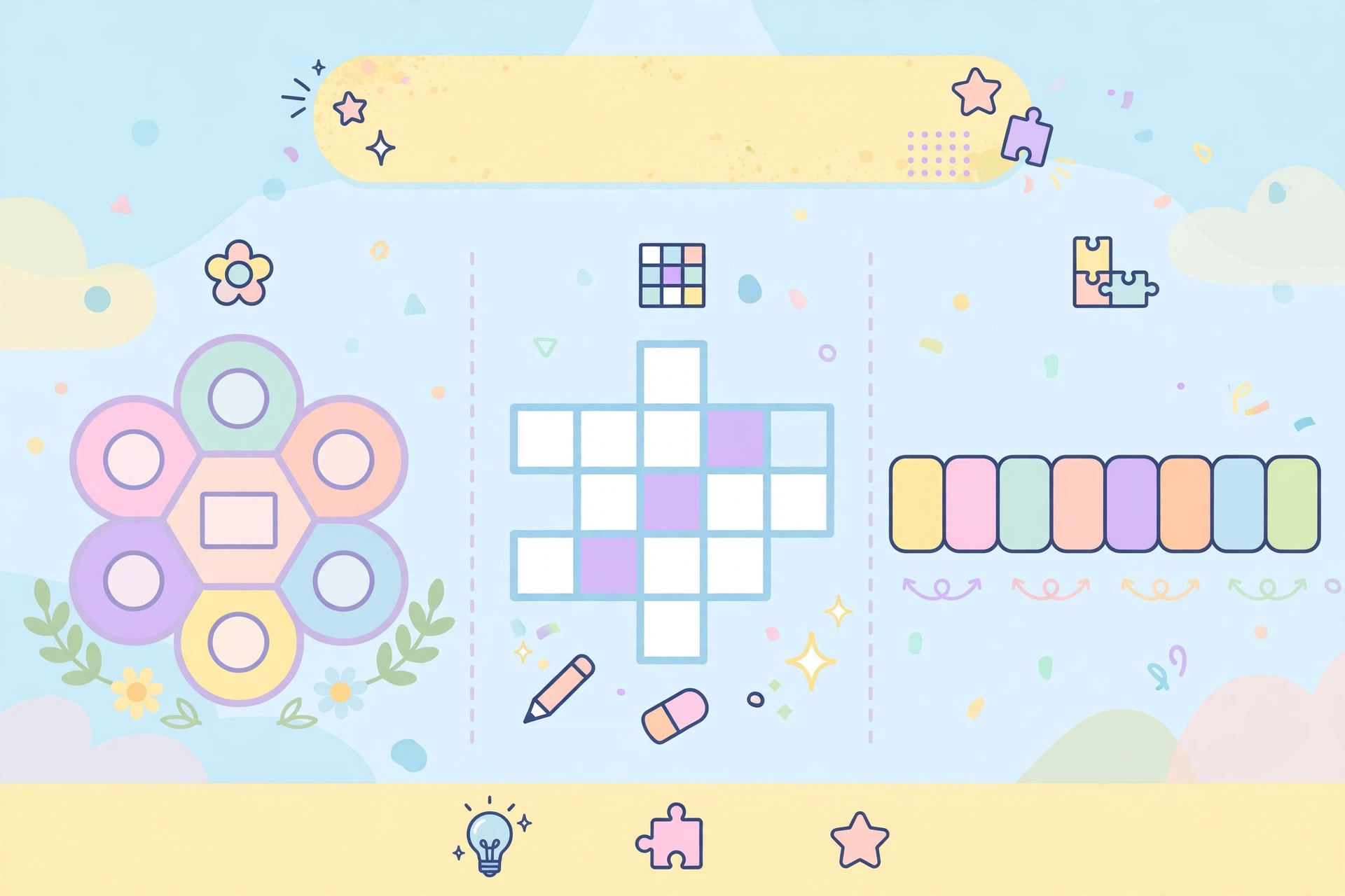 Flower puzzle board compared with a crossword grid and anagram tiles
