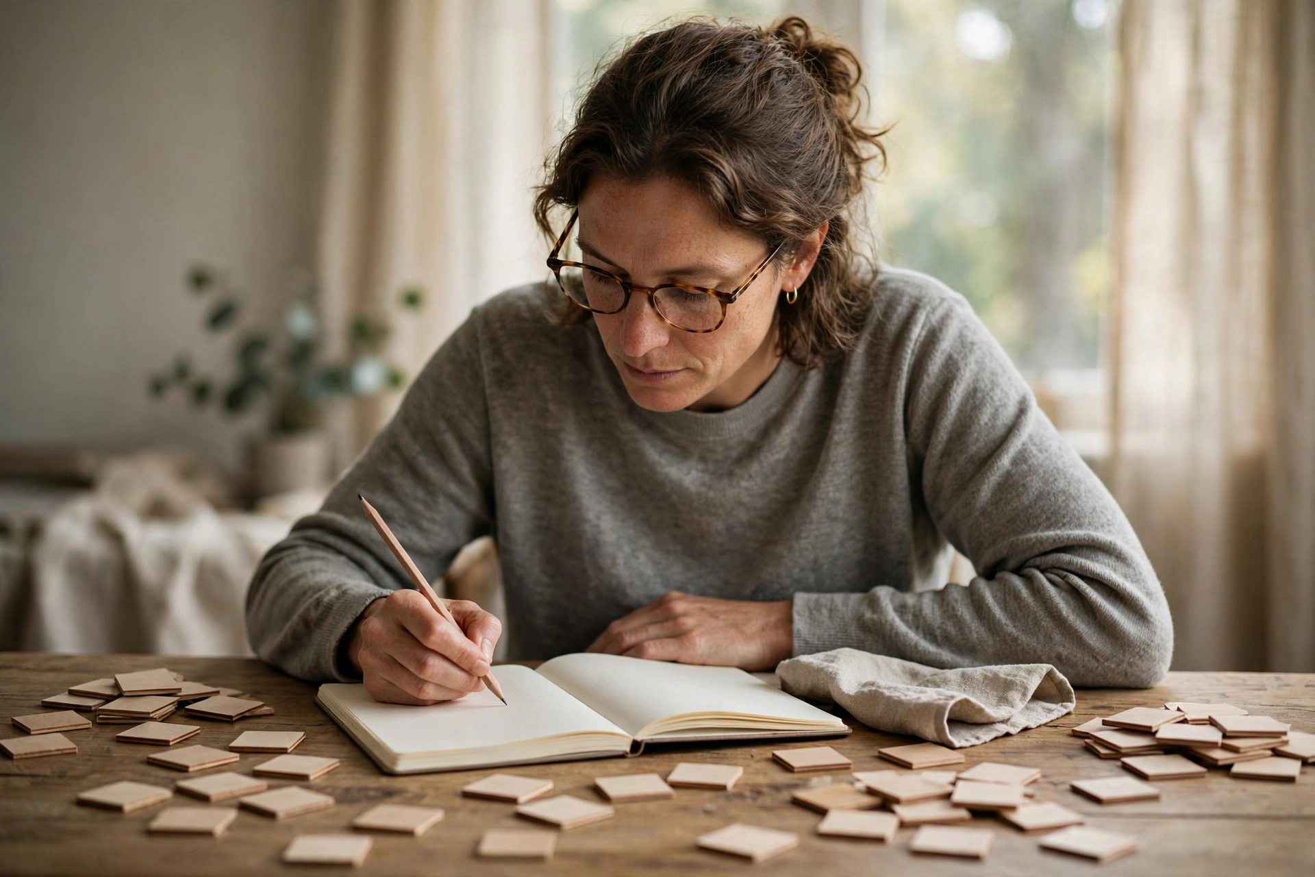 Player working through Blossom puzzle solving strategies on paper