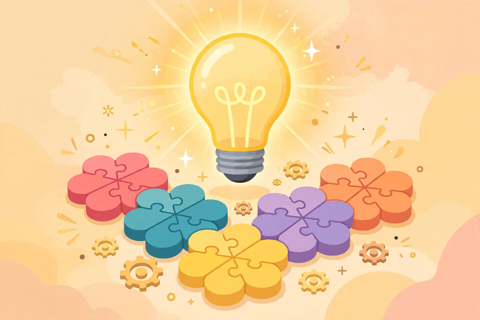 Lightbulb above flower puzzle pieces representing puzzle strategy