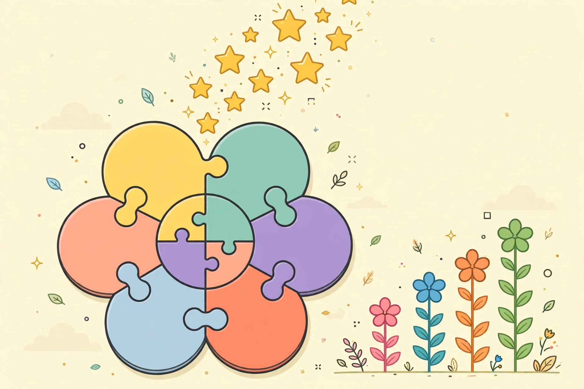 Golden stars rising above a flower puzzle board, showing score progress