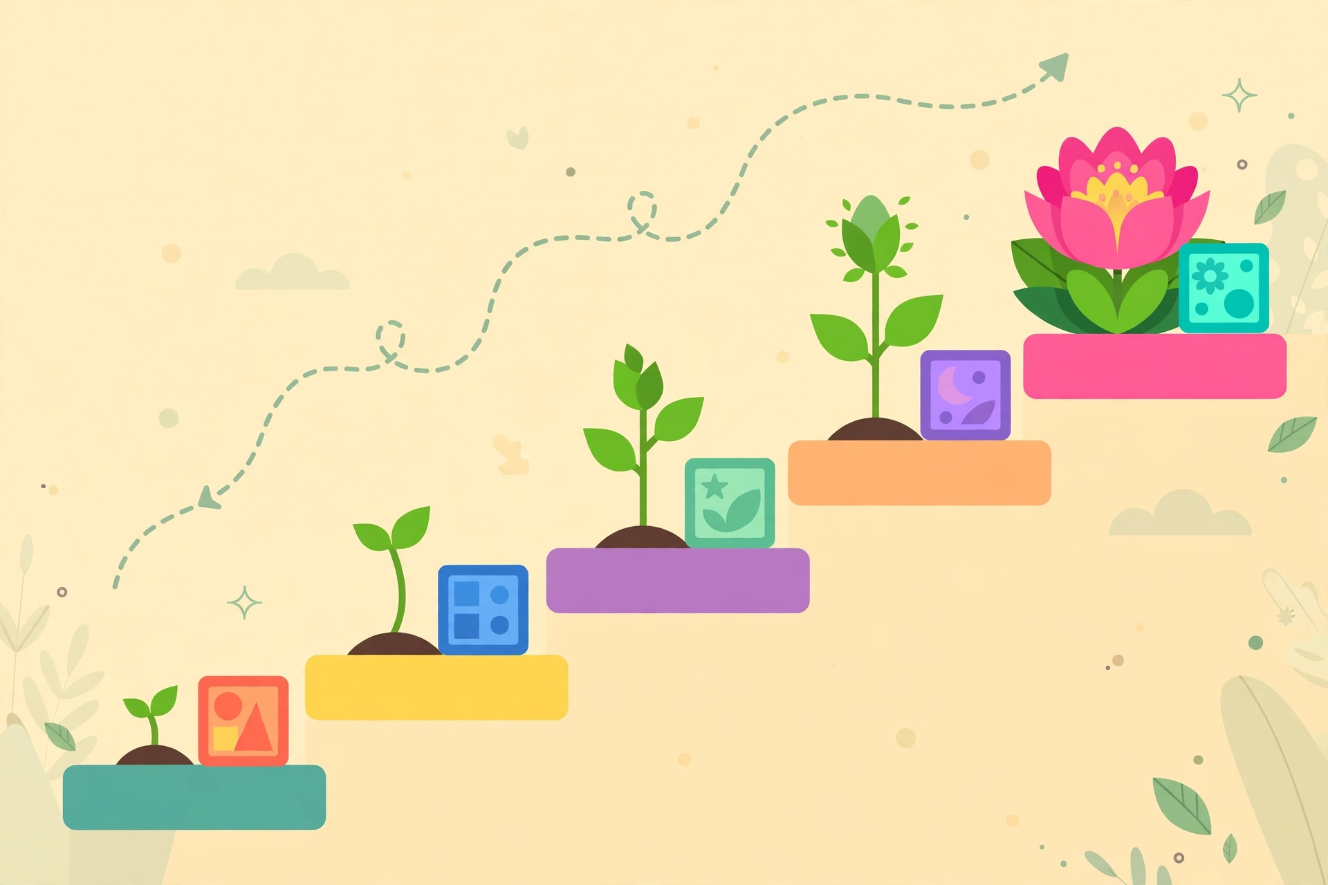 Seedling growing into a blooming flower on rising steps with letter tiles