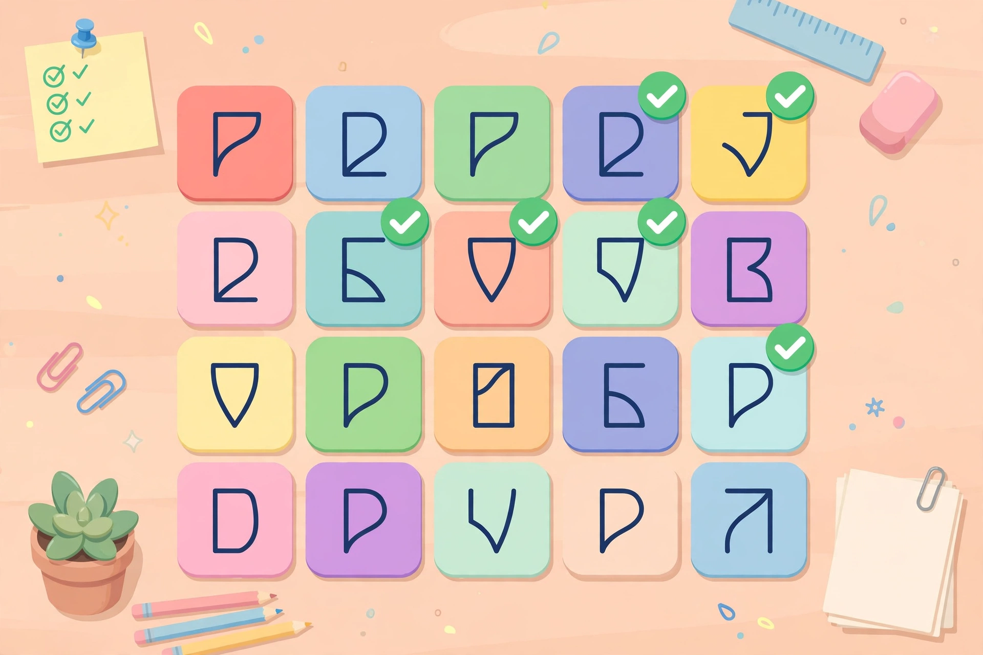 Grid of letter tiles with green checkmarks for systematic checking