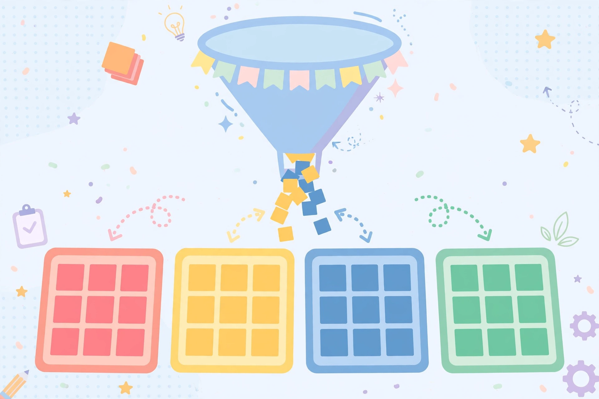 Funnel sorting colorful letter tiles into organized groups