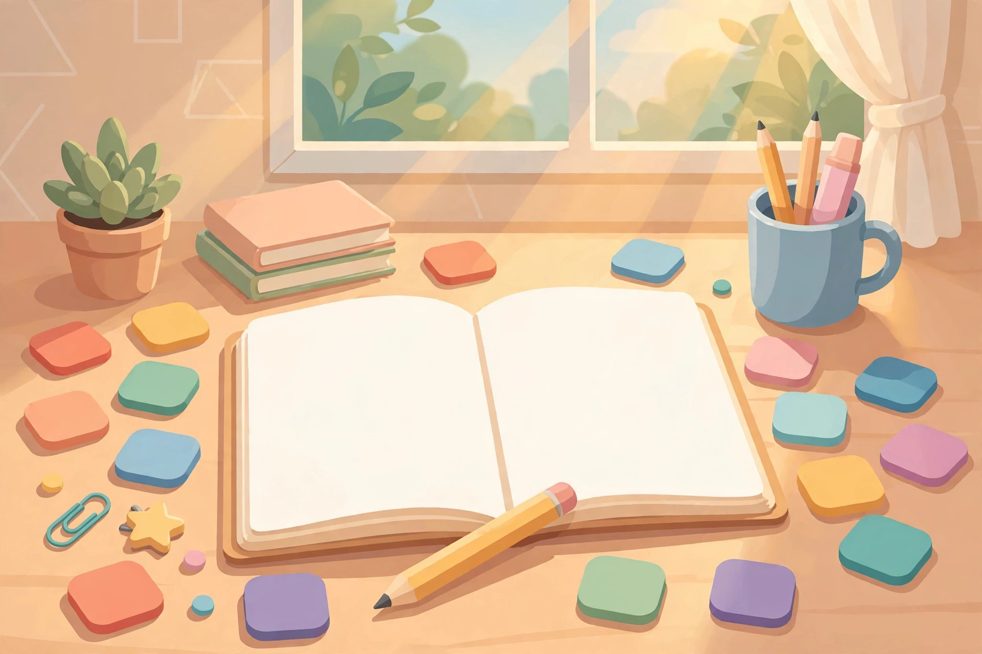 Spelling practice notebook with colorful letter tiles on a study desk