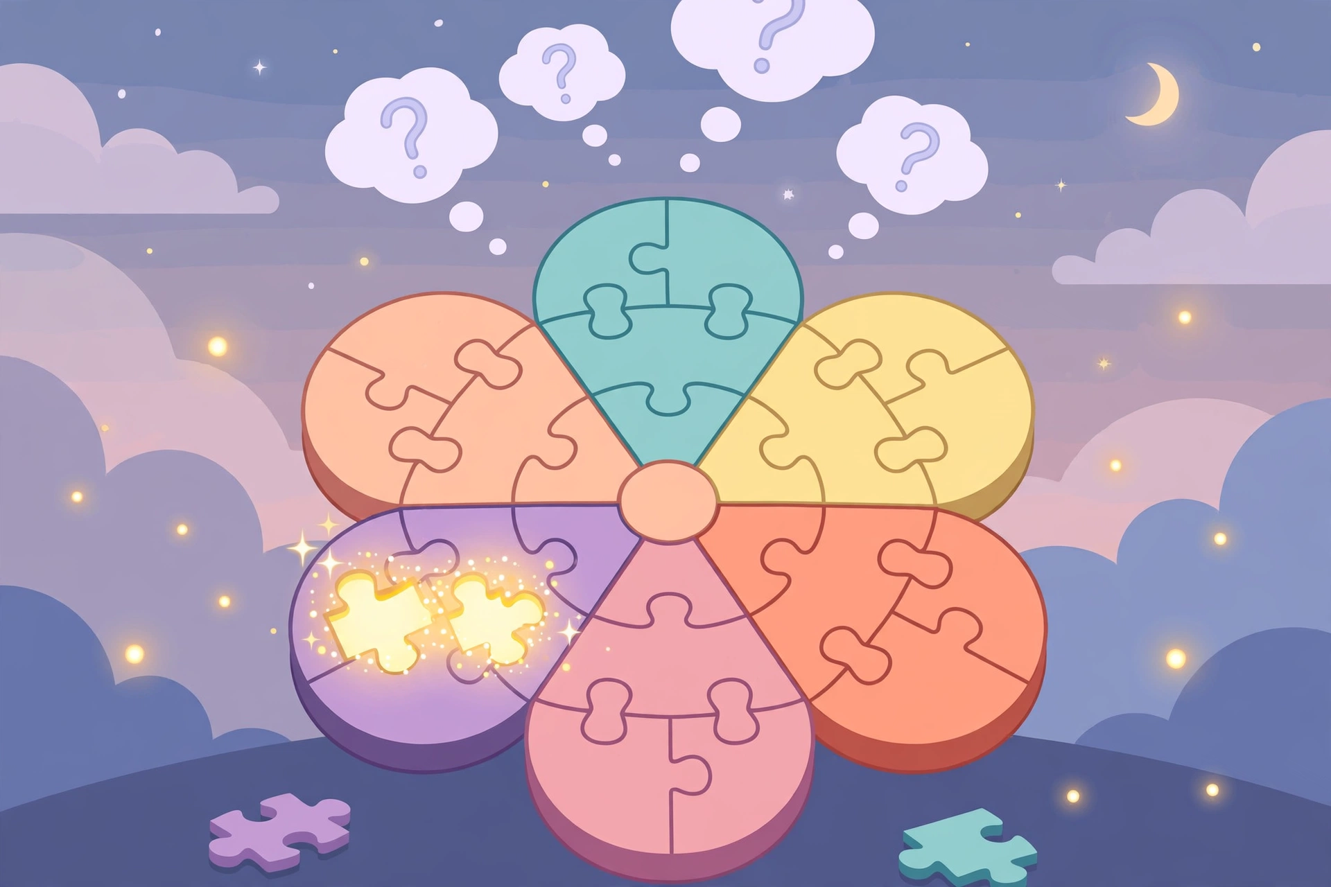 Flower puzzle board with a few empty slots and thought bubbles