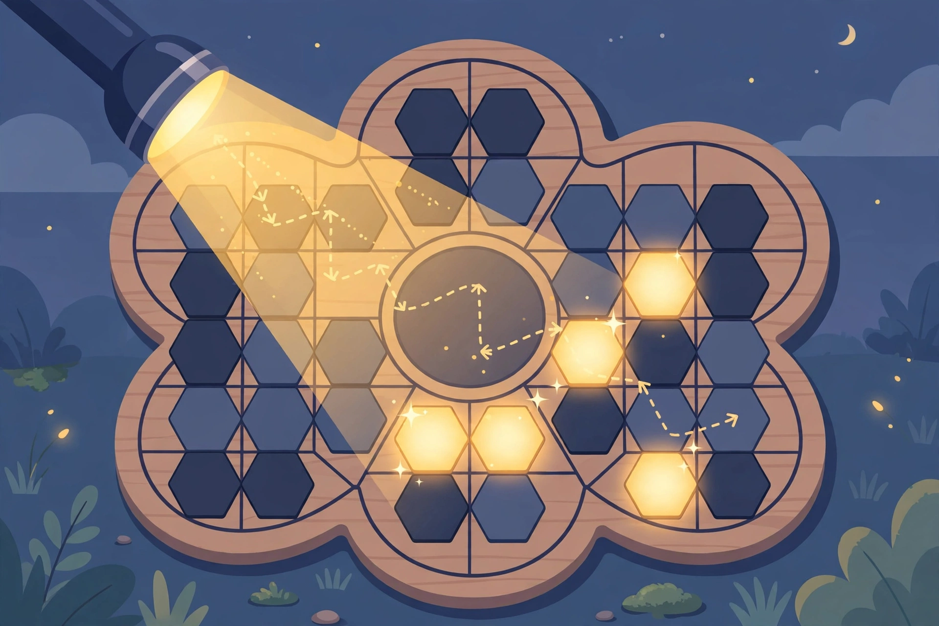 Flashlight beam sweeping over a flower puzzle board at dusk