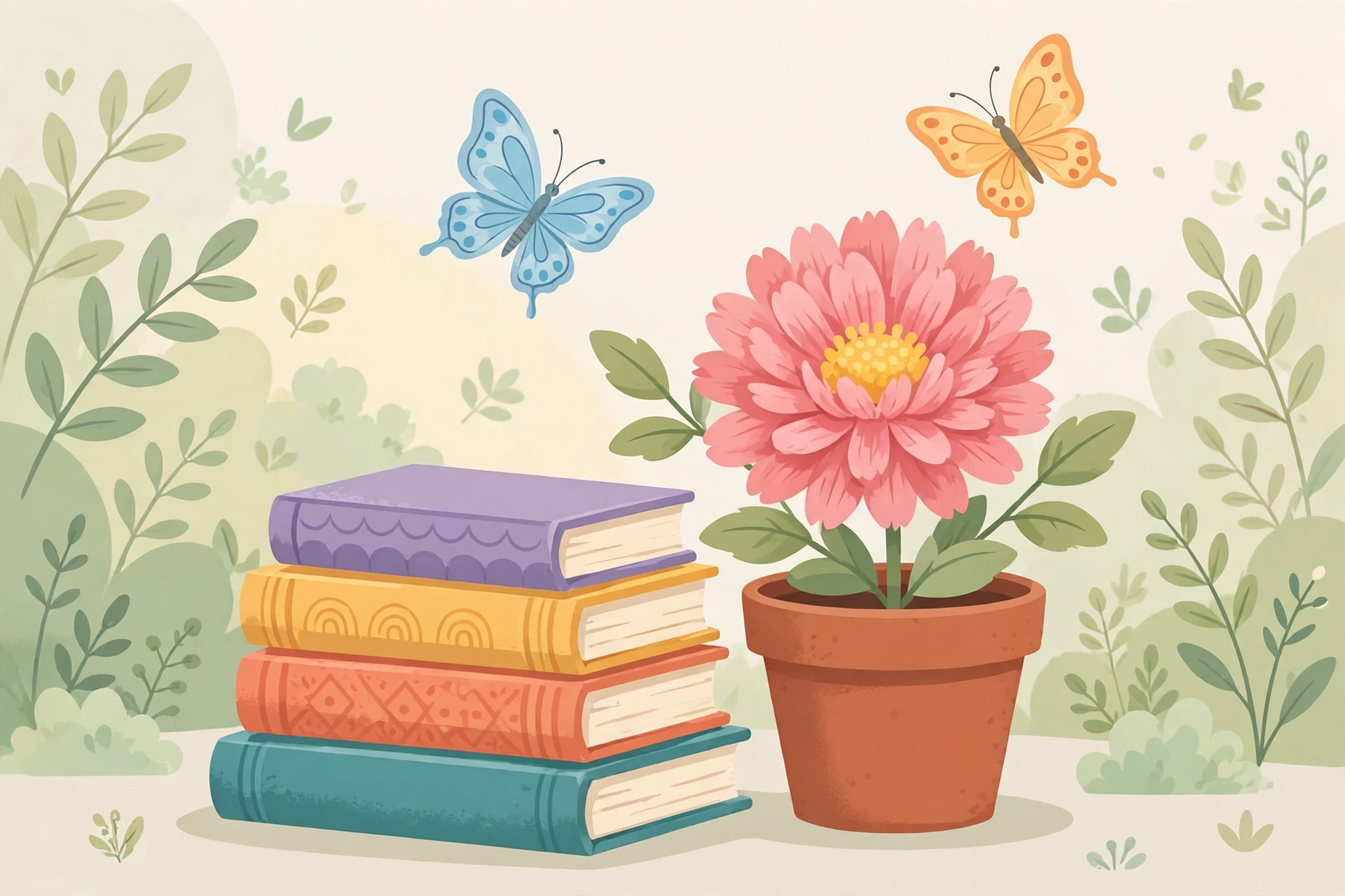 Stack of books beside a blooming flower, showing vocabulary growth