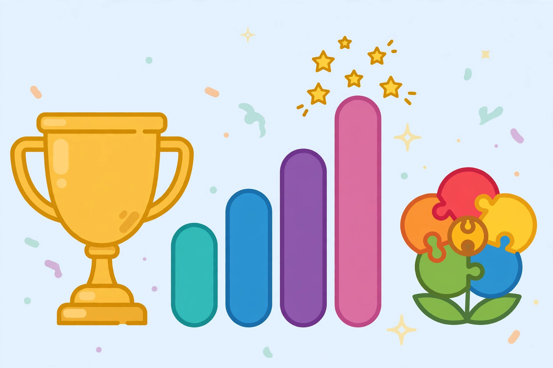 A trophy and rising chart showing a word finder scoring plan