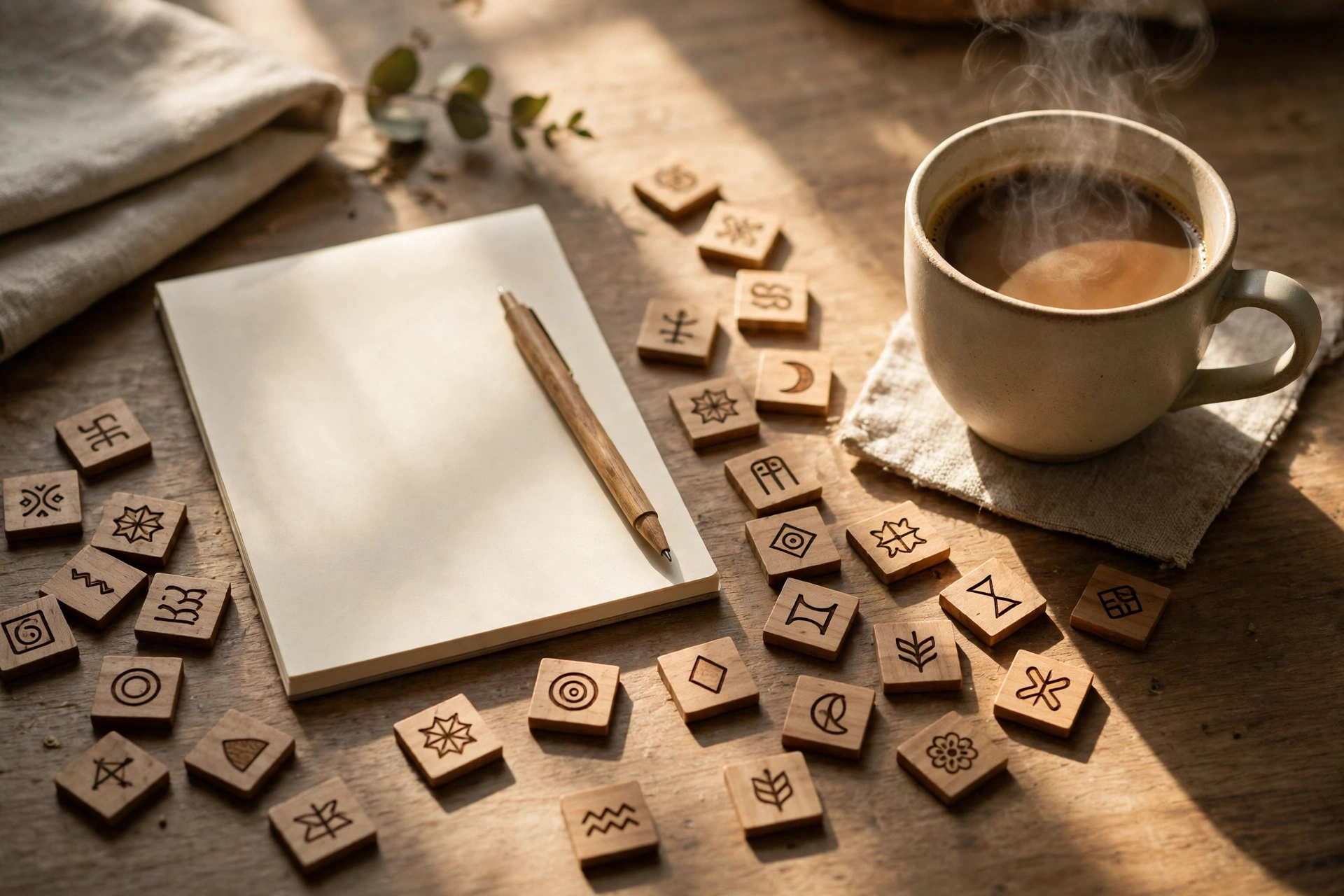 Desk with coffee, notepad, and letter tiles used for planning word game strategy