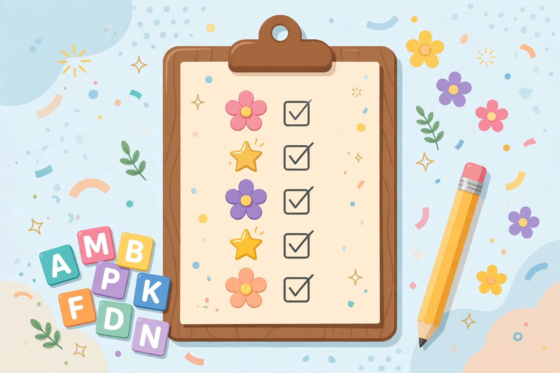 Clipboard checklist with flower icons and gold stars for planning a word list