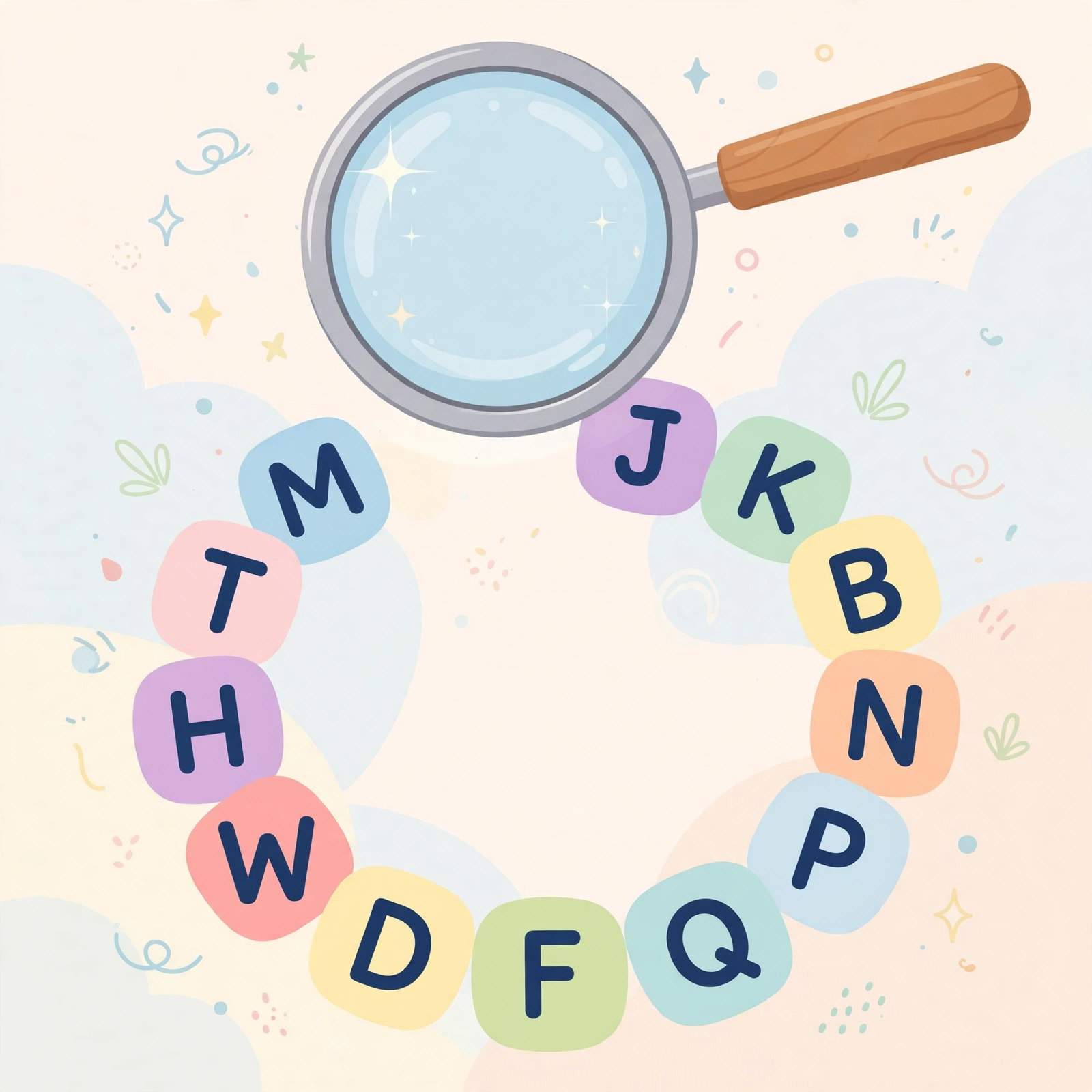 Magnifying glass over colorful letter tiles arranged in a pattern