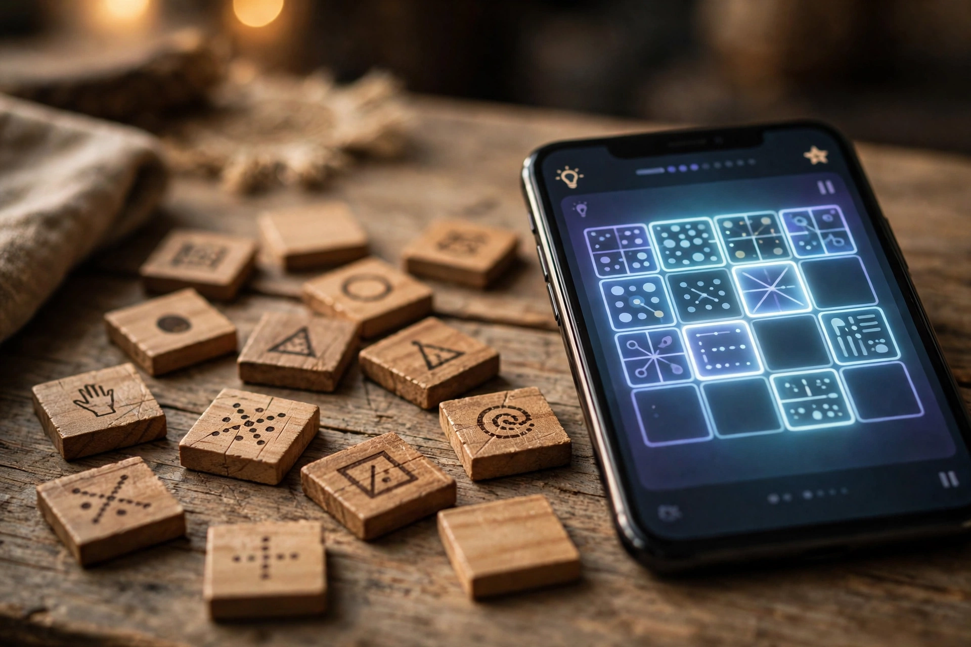 Wooden letter tiles next to a phone displaying a word puzzle game