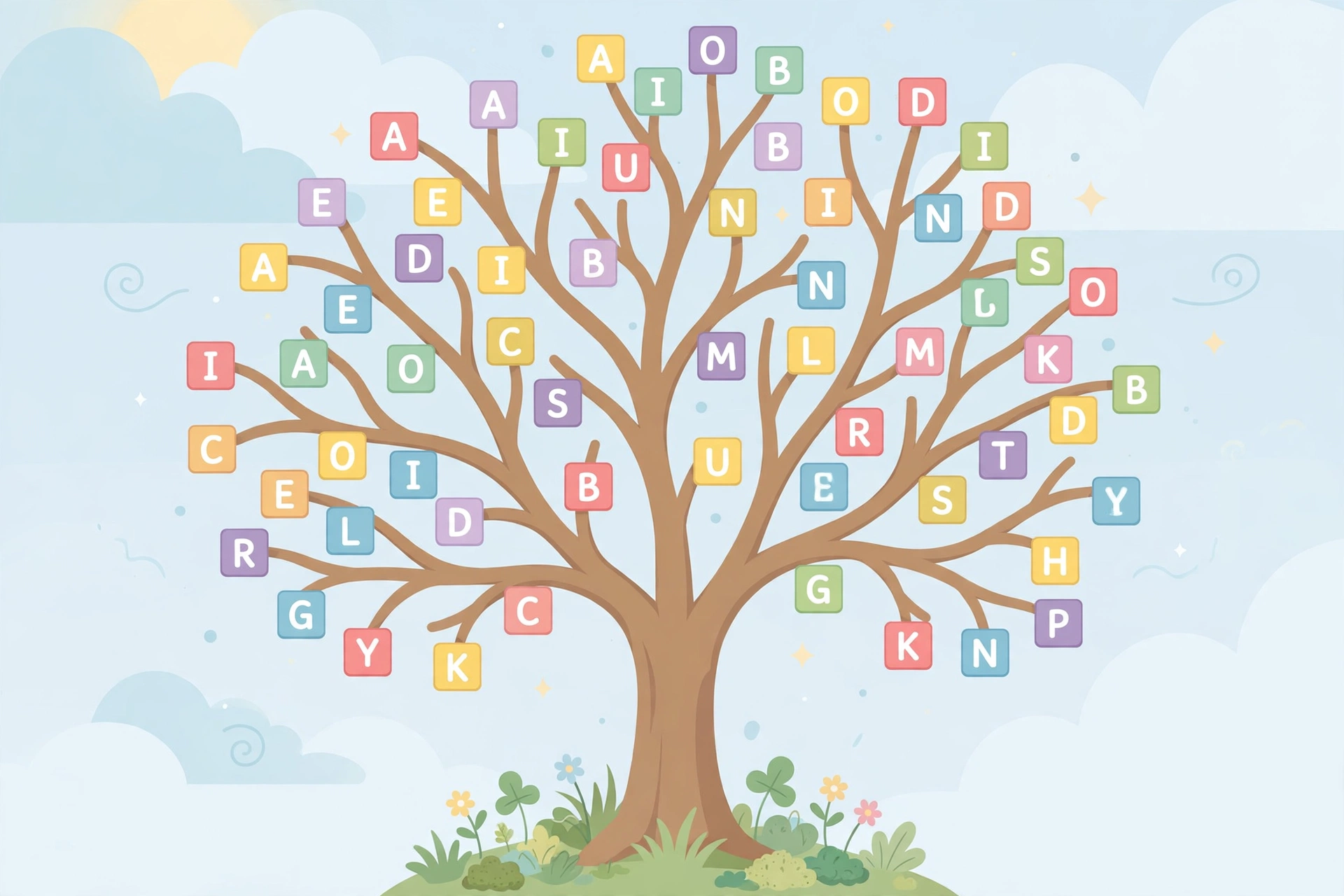 Tree with letter tiles as leaves growing from a word stem trunk