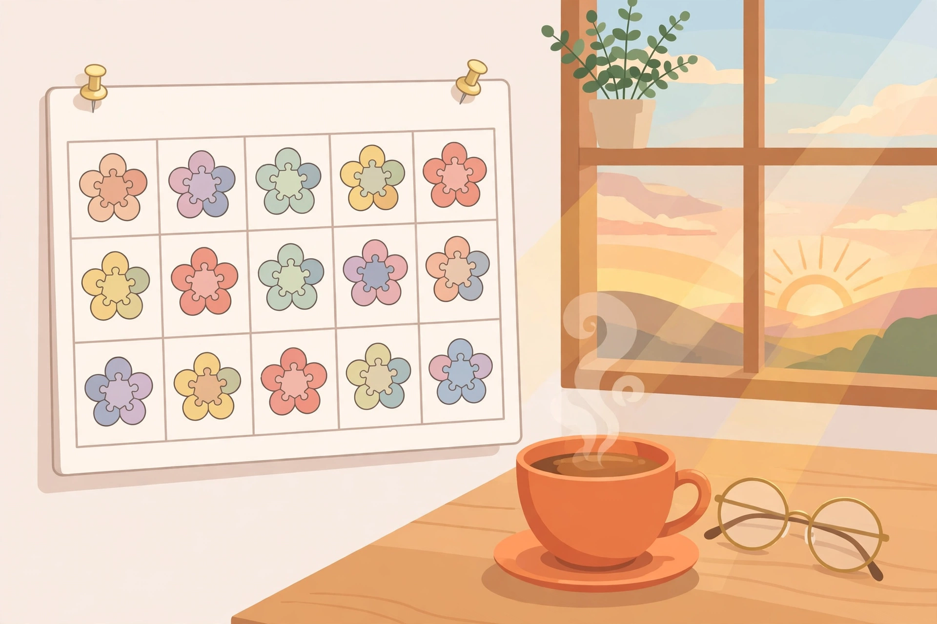 Daily word puzzle calendar with a flower letter board