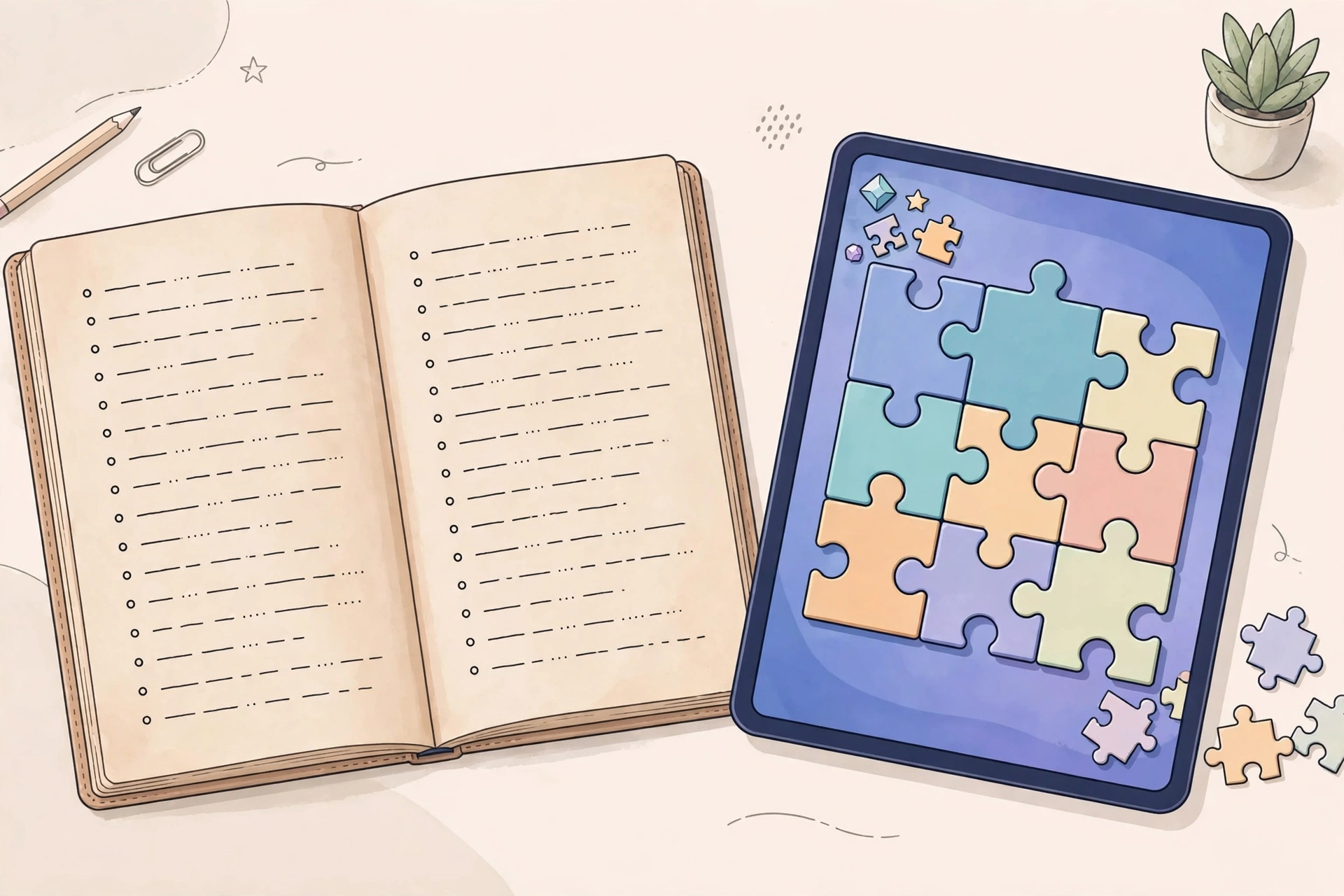 Notebook with word lists beside a tablet puzzle game