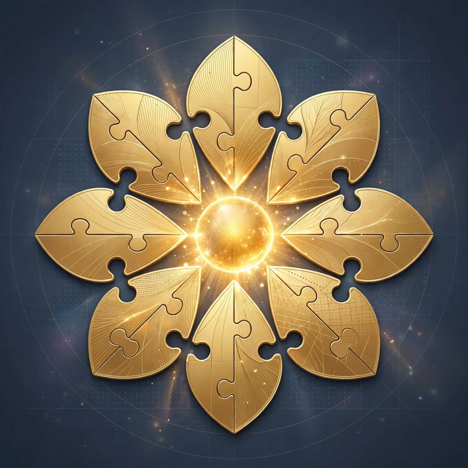 Golden flower petal puzzle with a glowing center